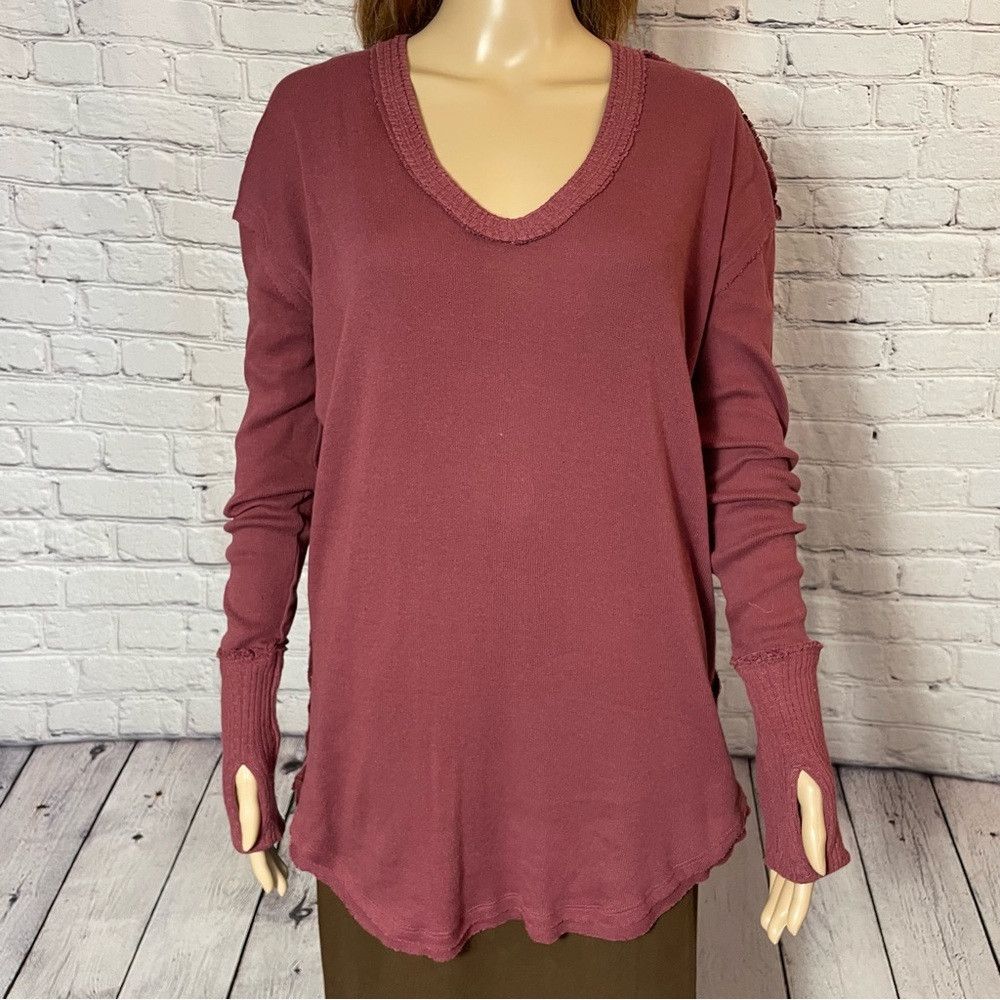 Free People New Free People Colby Raw Edge Long Sleeve Cotton Burgundy Size XS / US 0-2 / IT 36-38 - 9 Thumbnail