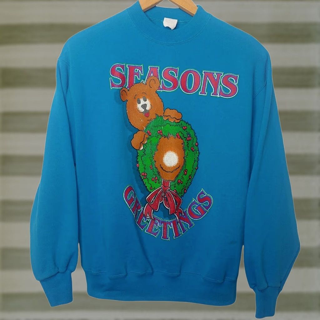 Vintage VINTAGE Seasons Greetings Sweatshirt Large XL Turquoise Crewneck Holly Bear Wreath Graphic Unisex Adults Christmas Holiday Retro Size US XL / EU 56 / 4 - 1 Thumbnail