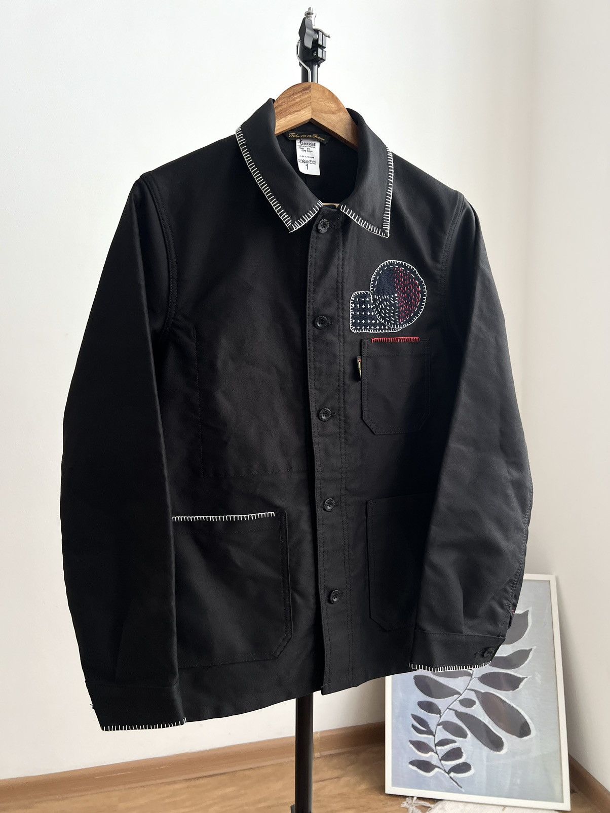 Le Laboureur 🇫🇷Le Laboureur Black Moleskin Sashiko Patched Chore Jacket Size US S / EU 44-46 / 1 - 2 Thumbnail
