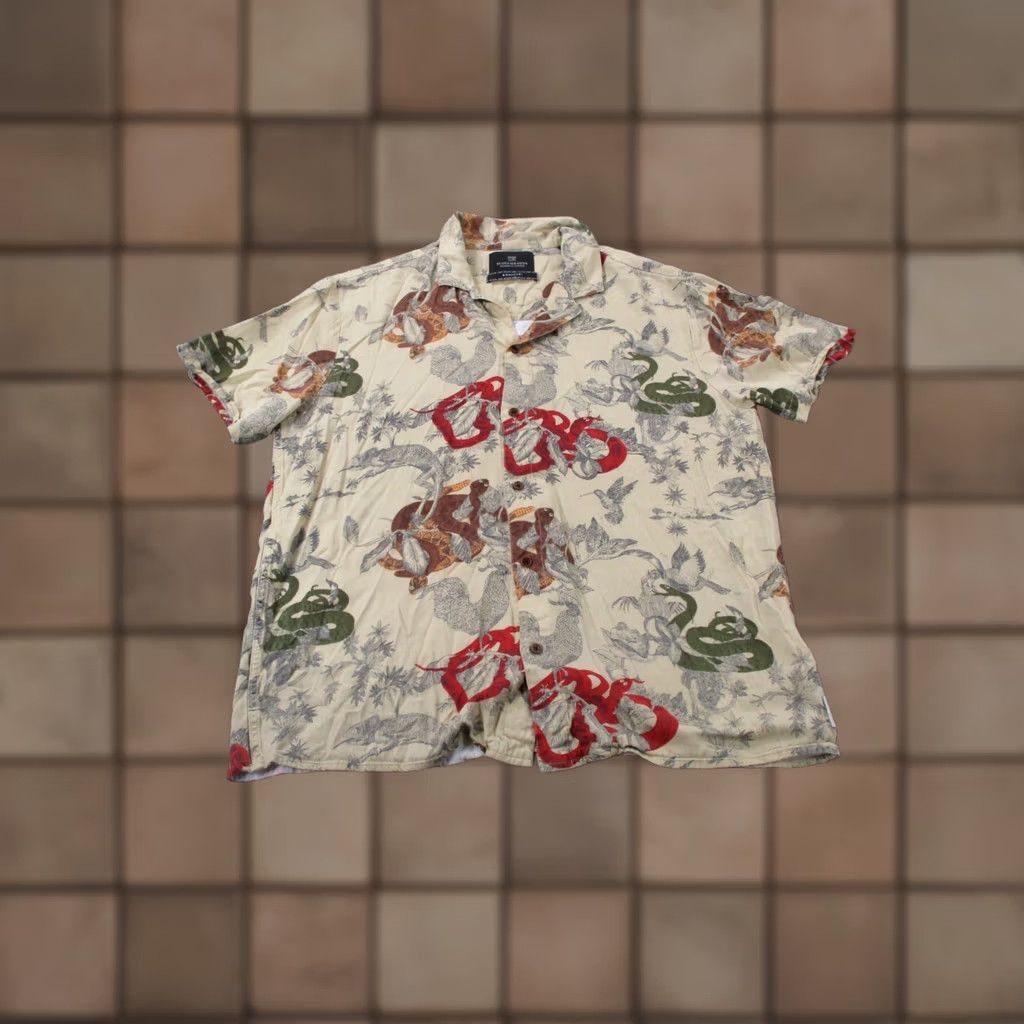 Scotch & Soda VINTAGE Scotch Soda Shirt Mens L Viscose Hawaiian Snake Bird Print Loose Beach Bonjour Beige Size US L / EU 52-54 / 3 - 1 Thumbnail