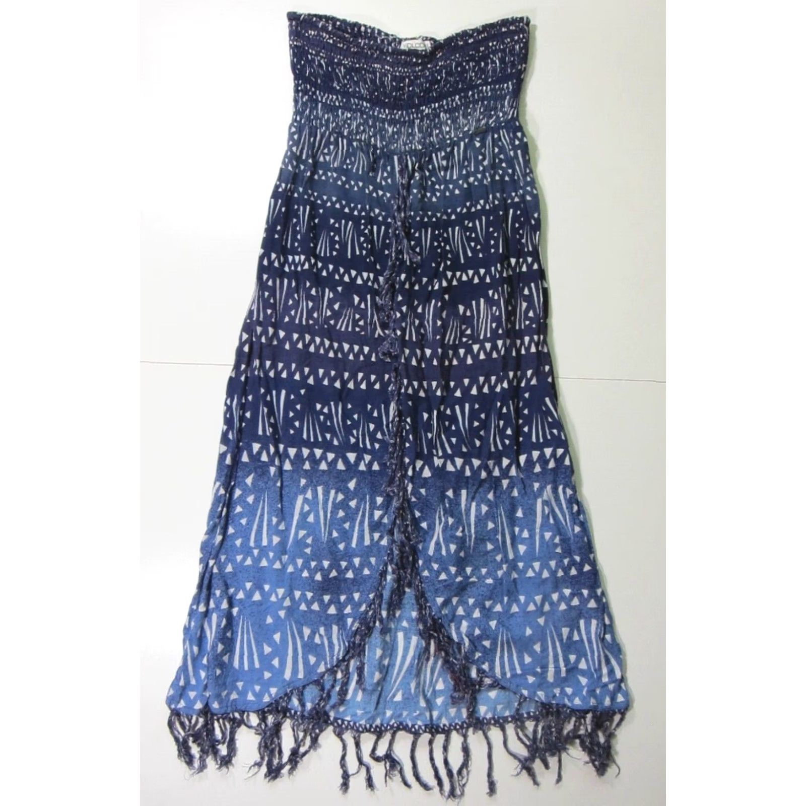 Volcom Volcom Dress Maxi Blue White Strapless Fringe Hippy 100% Rayon Women S Size S / US 4 / IT 40 - 2 Thumbnail