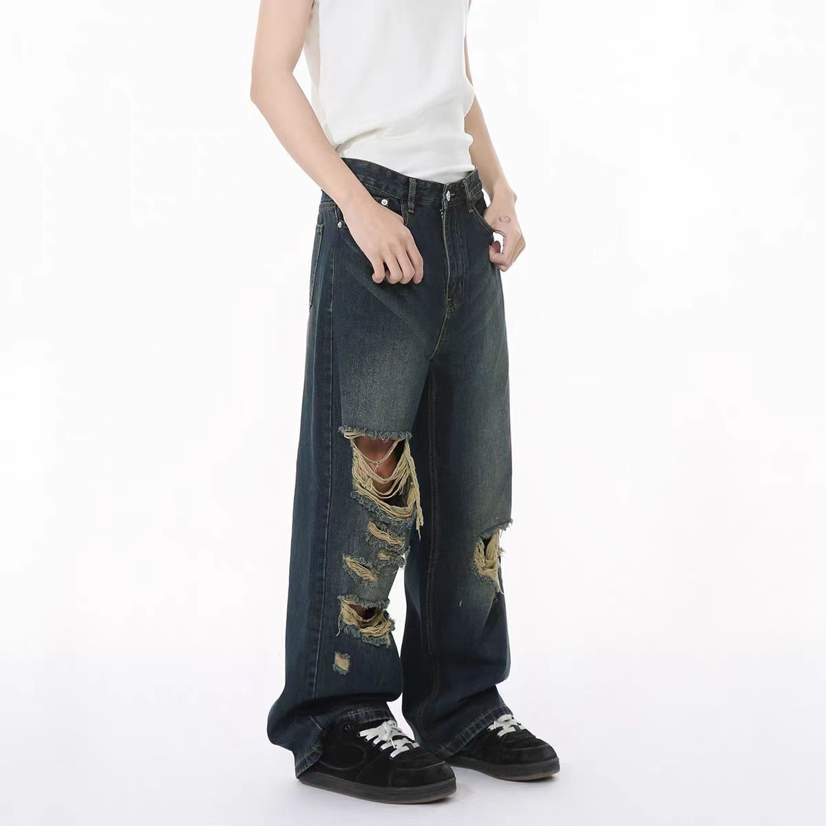 Japanese Brand × Jean High street frayed and distressed baggy straight leg jeans Size US 30 / EU 46 - 4 Thumbnail