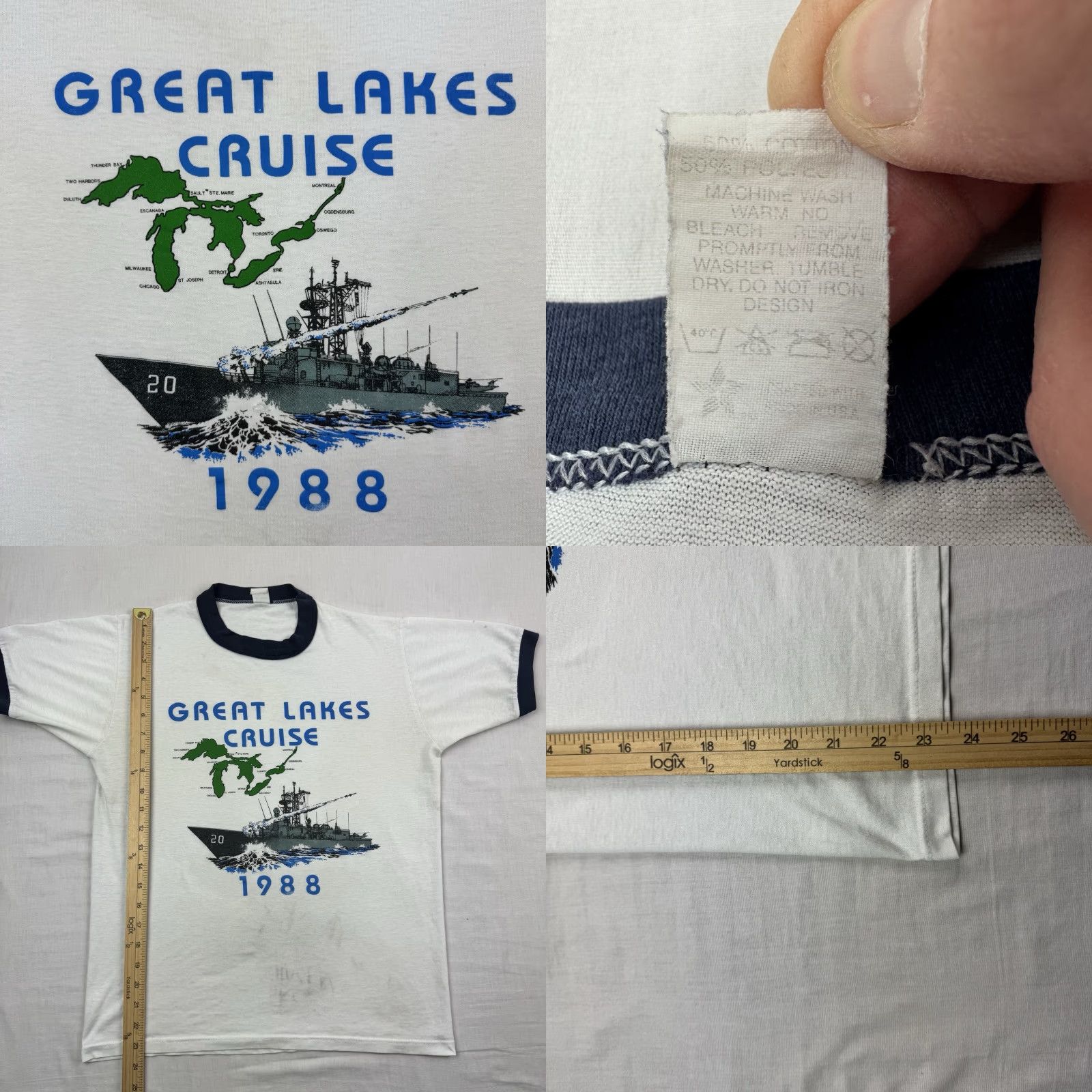 Greats VINTAGE Great Lakes Cruise Battleship Ringer T Shirt Adult Medium 1980s Grunge White Cotton, Polyester Navy, Army, Military, Hipster Mens Size US M / EU 48-50 / 2 - 8 Thumbnail