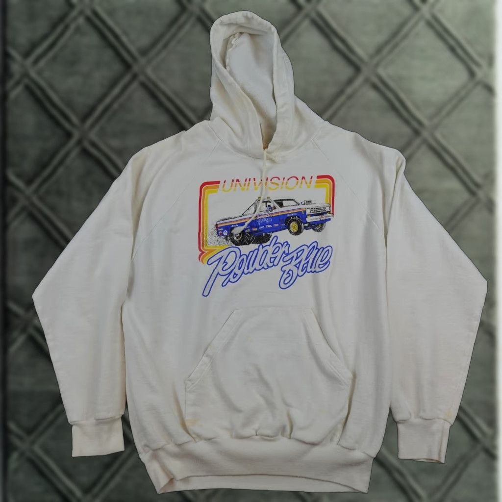 Vintage VINTAGE The OPS Univision Powder Blue Truck Hoodie Mens Large White Sweatshirt Size US L / EU 52-54 / 3 - 1 Thumbnail