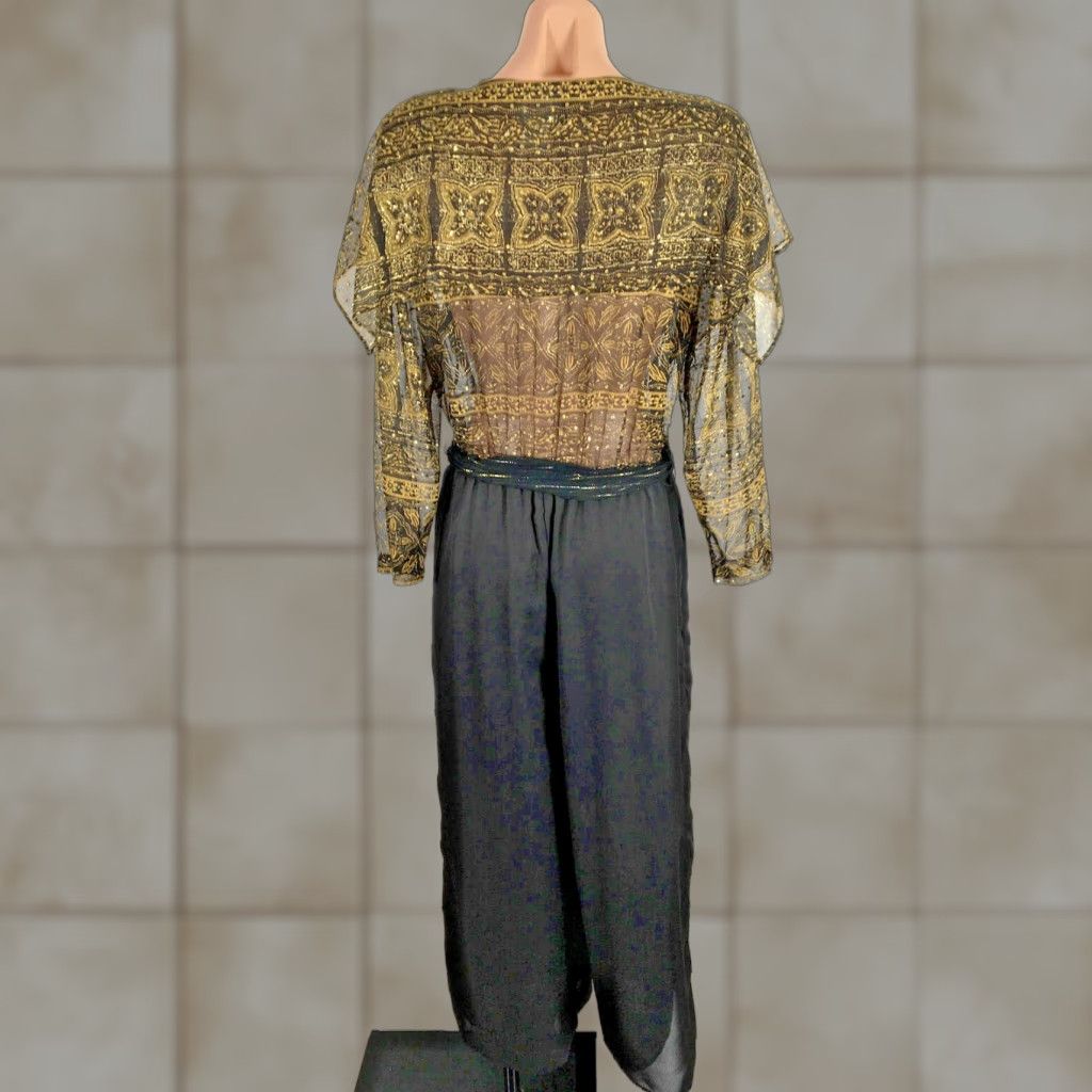 VINTAGE PG Collections Jumpsuit One-Piece Black Gold Glitter Sheer Chiffon Long Sleeve Size 10 Women