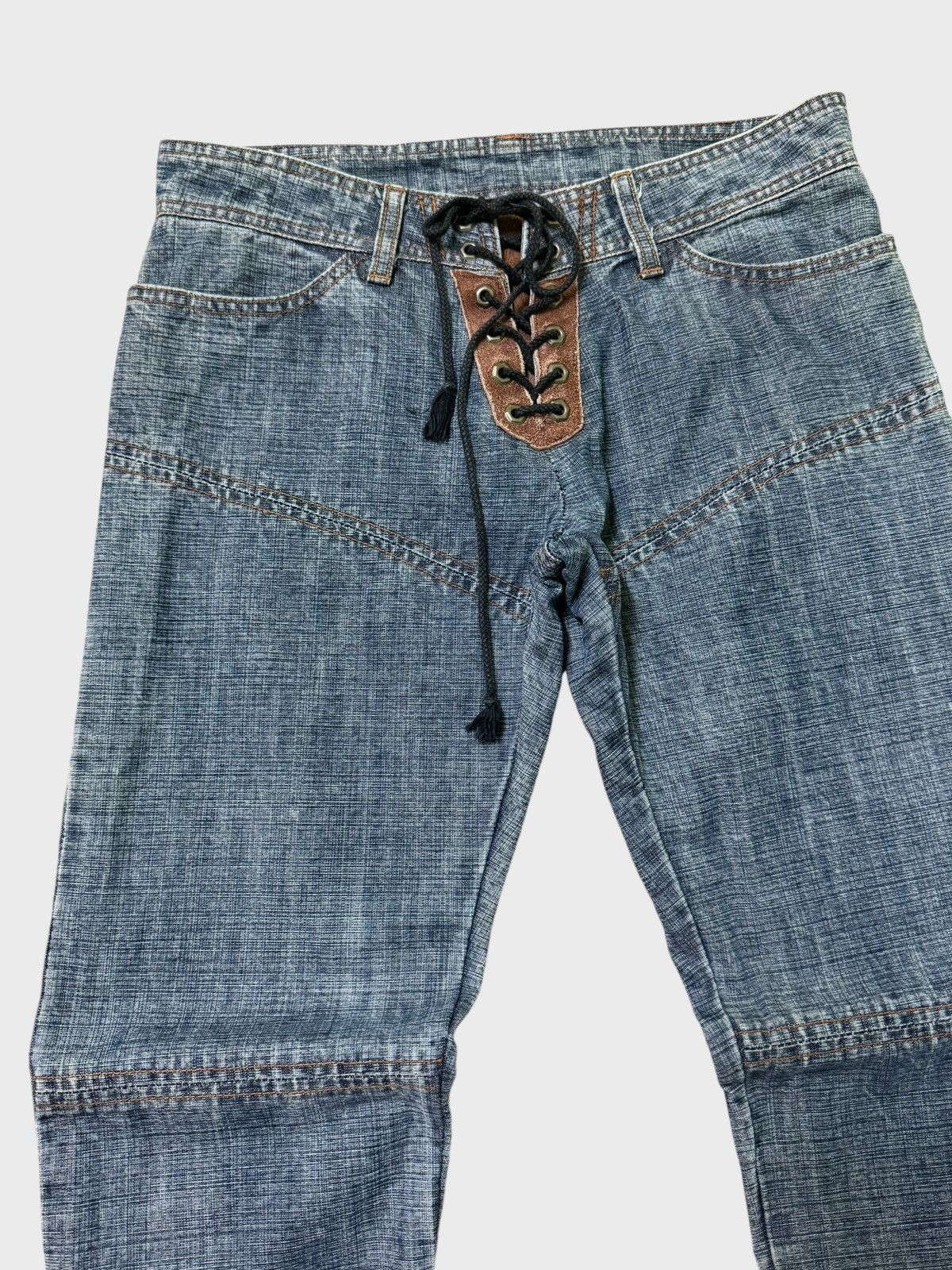 Japanese Brand Flare CHIKAKO ROEN Leather Double Laced Low Rise Denim jeans Size US 29 - 4 Thumbnail