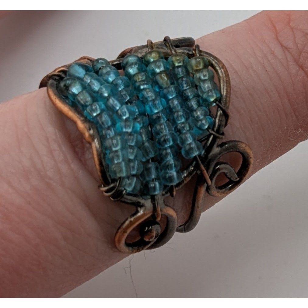 Handmade Handmade Copper Wire Wrapped Ring With Blue Glass Beads Adju Size ONE SIZE - 5 Thumbnail
