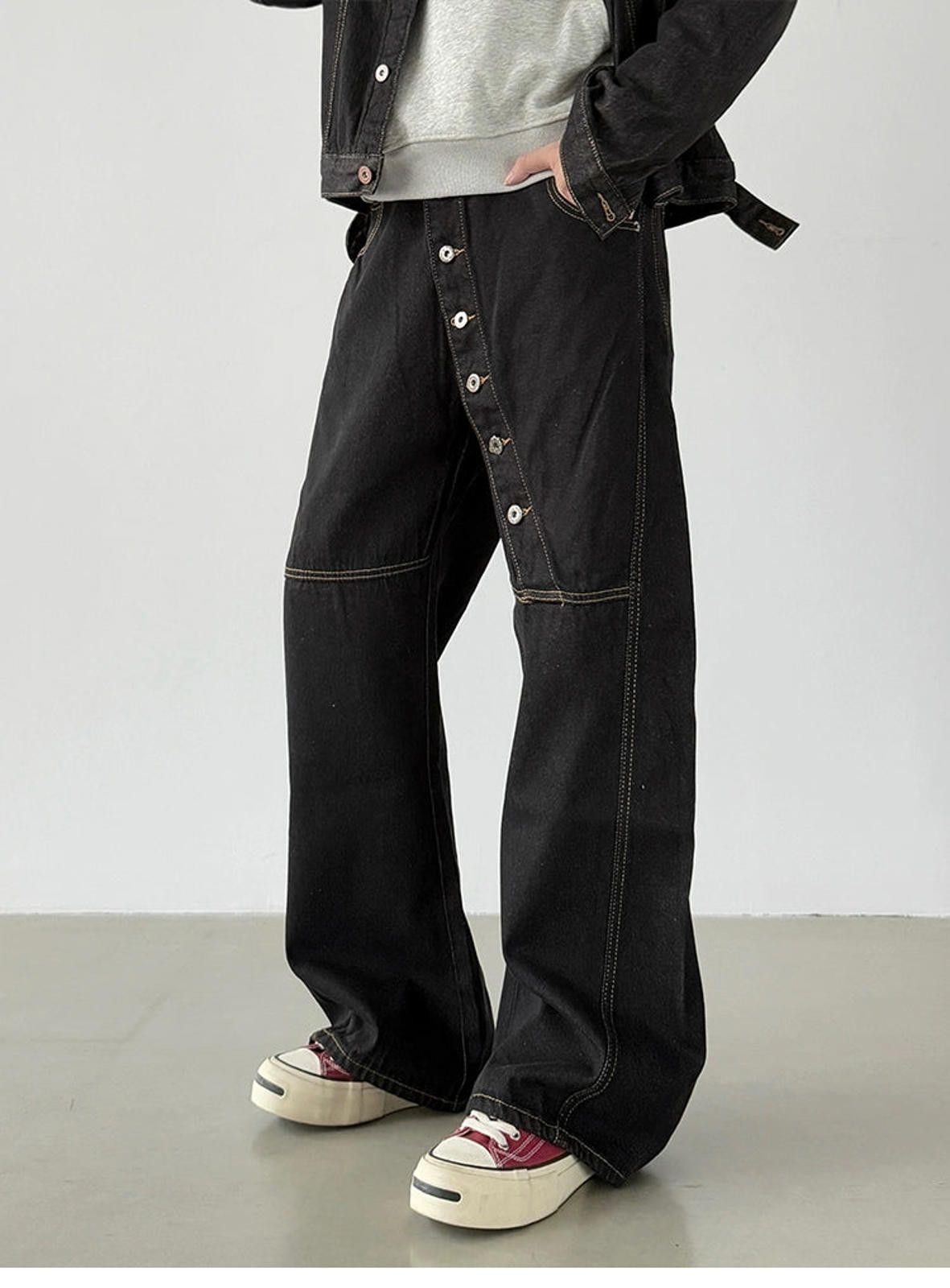 Japanese Brand Black Wide Leg Denim Jeans, Button-Front Detail Jeans Size US 32 / EU 48 - 4 Thumbnail