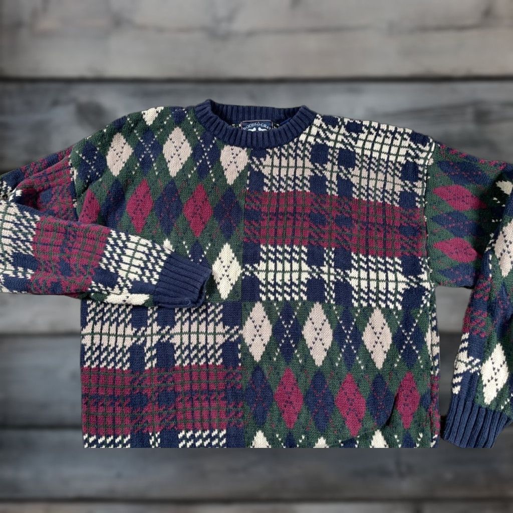 Vintage VINTAGE Woods & Gray Men's XL Sweater Chunky Knit Pullover Casual Blue Plaid Cotton Winter Size US XL / EU 56 / 4 - 1 Thumbnail