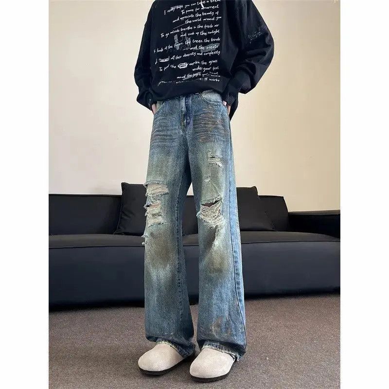 Japanese Brand Retro loose wide leg dirty dyed ripped jeans Size US 32 / EU 48 - 2 Thumbnail