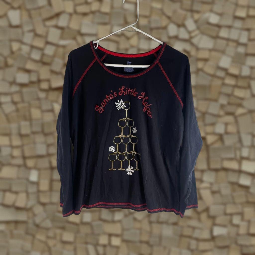 Vintage SLEEP CHIC PJ Shirt Women Large Black Santa Little Helper Wine Glass Nightwear Christmas Costume Gift Size L / US 10 / IT 46 - 1 Thumbnail