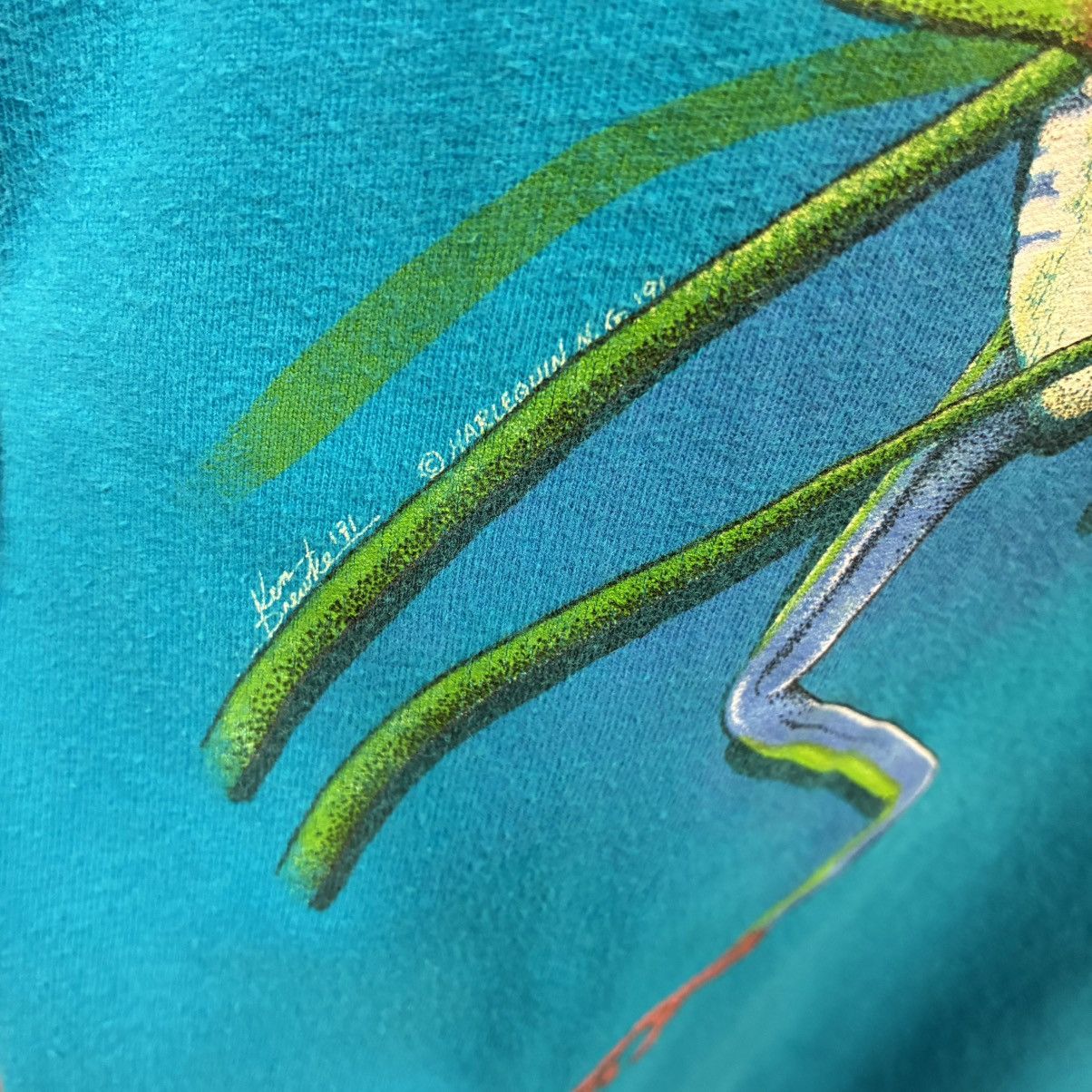 Hanes Vintage 1991 Teal Blue Wraparound Nature Frog Art tee Large Size US L / EU 52-54 / 3 - 2 Thumbnail