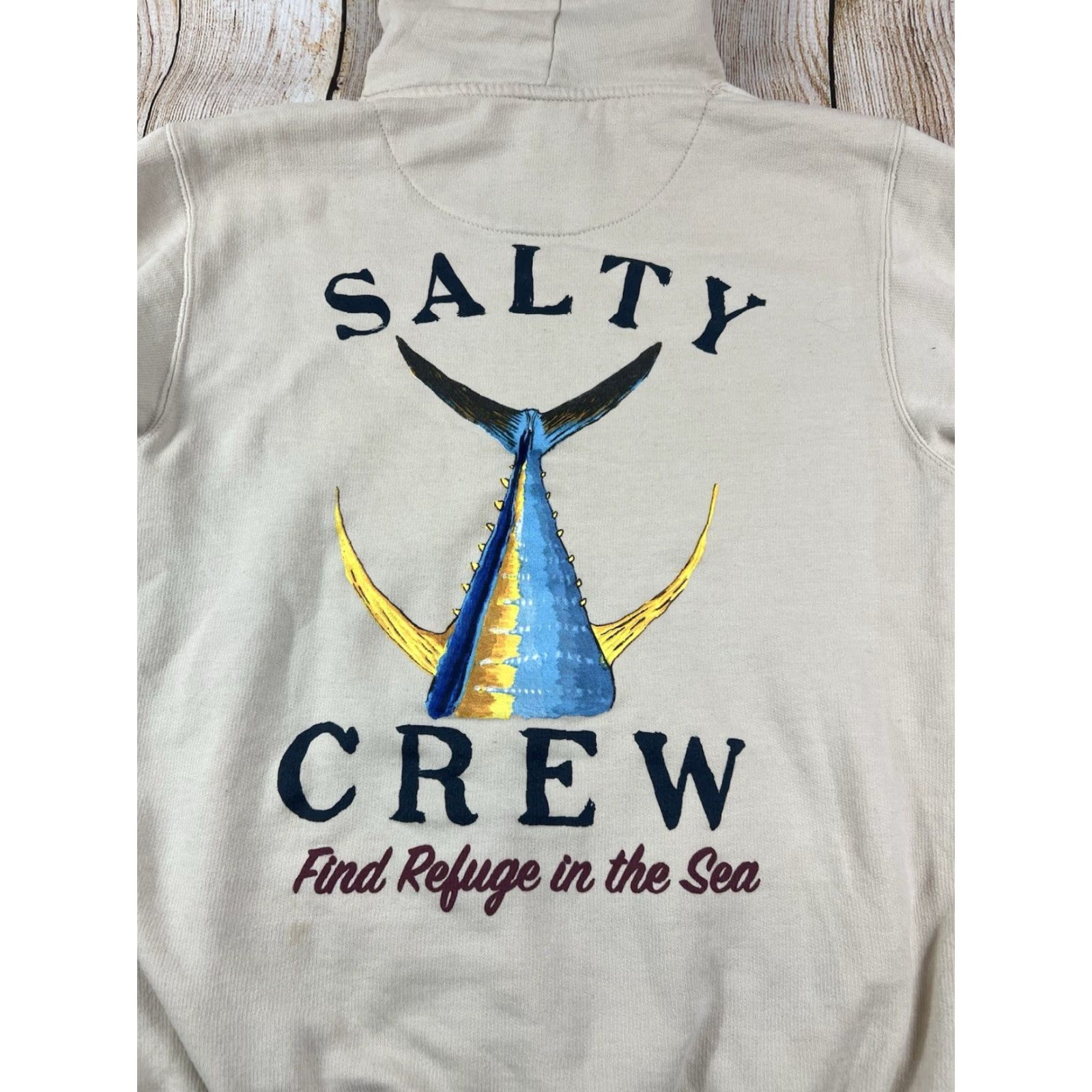 Vintage Salty Crew Hoodie Small Tan Beige Pullover Fleece Hooded Graphic Print Pockets Logo Mens Size US S / EU 44-46 / 1 - 7 Thumbnail