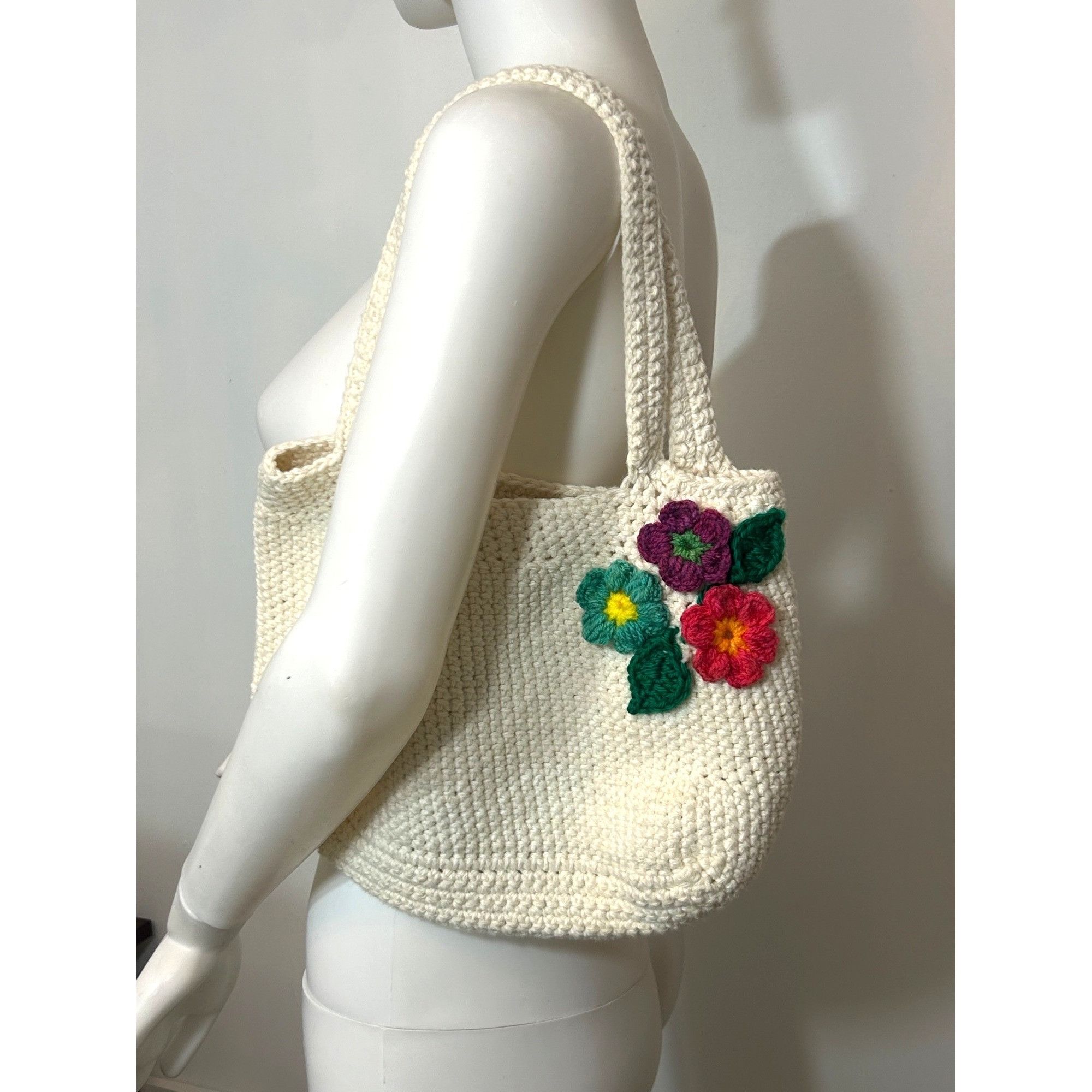 Other Crocheted Tote Bag Vintage Cream Handmade Floral Appliqués S Size ONE SIZE - 2 Thumbnail