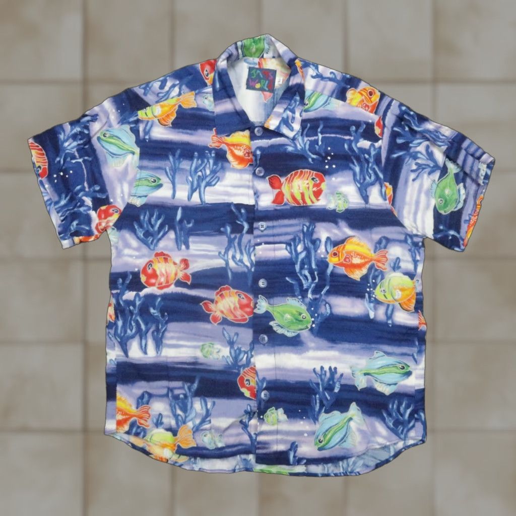 Jams World Jams World Shirt Mens Large Blue Talking Fish Rayon Short Sleeve Hawaiian USA Vintage Geometric Pattern Button-Up Size US L / EU 52-54 / 3 - 1 Thumbnail