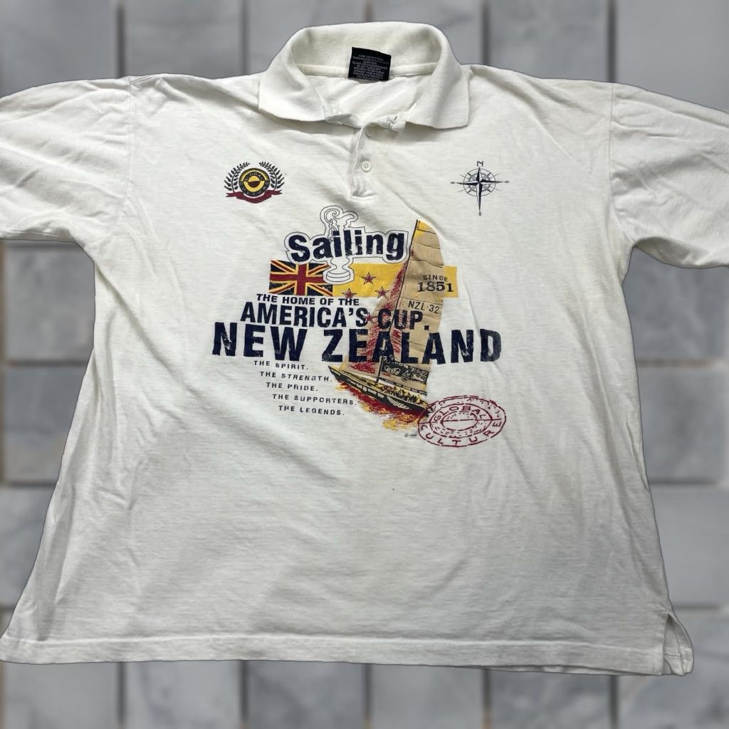 Hanes VINTAGE New Zealand Americas Cup Polo Shirt Mens XL 1995 Sailing Single Stitch White Cotton Size US XL / EU 56 / 4 - 1 Thumbnail