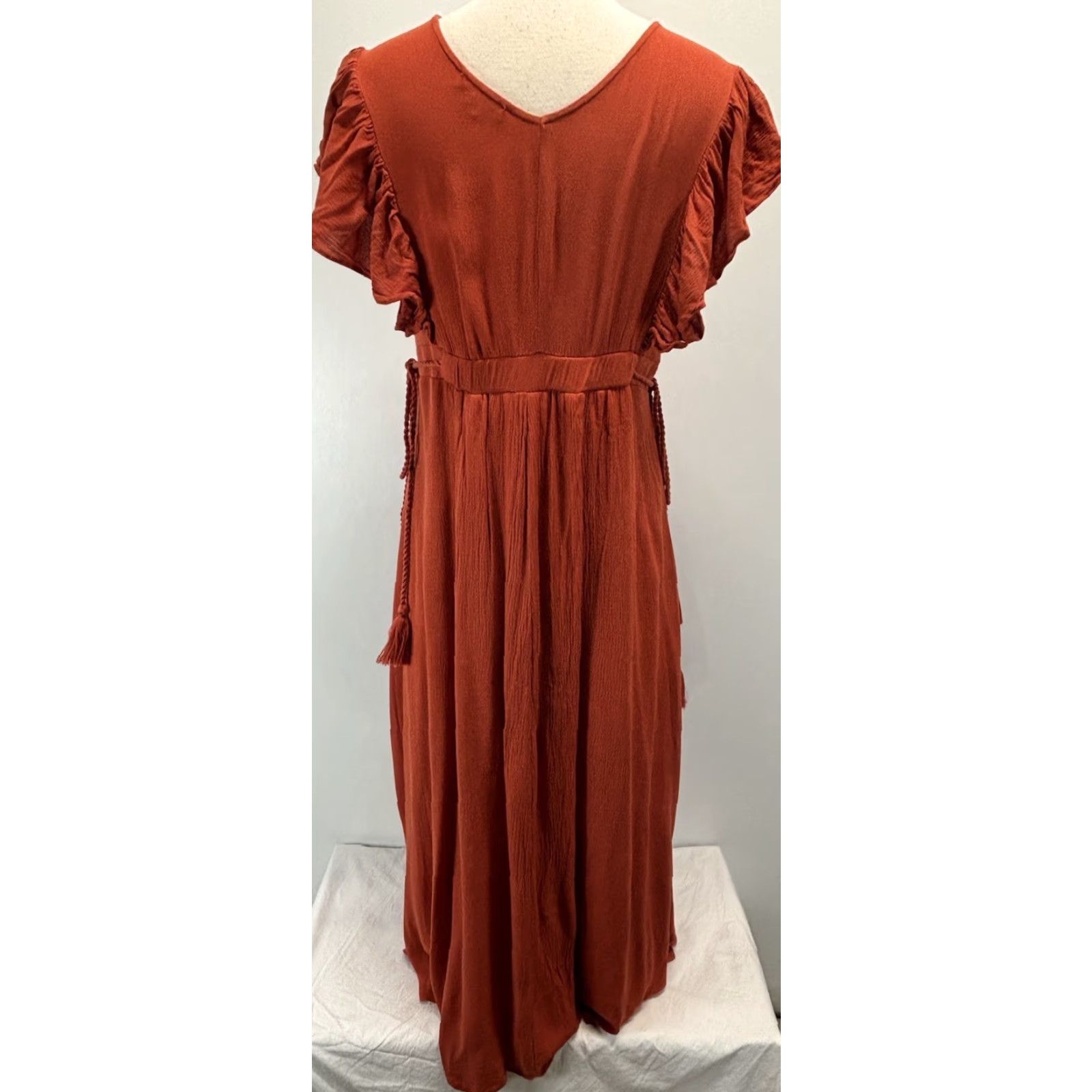 Baltic Born Jennifer Deep V Maxi Dress Burnt Orange Ruffle Lace Trim Sz  Large Boho Womens