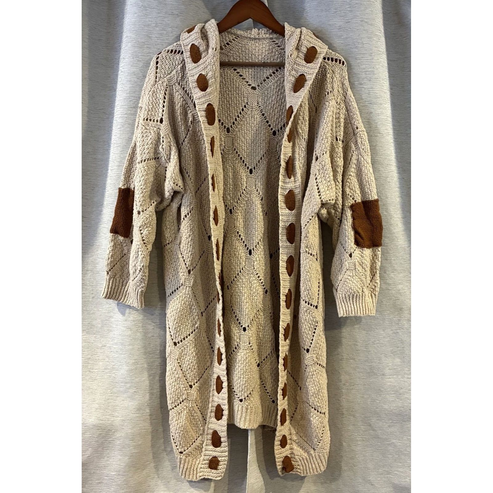 Vintage Hooded cardigan Brown elbows Cable Boho Women M Sweater Regular Polyester T-137 Size M / US 6-8 / IT 42-44 - 2 Thumbnail