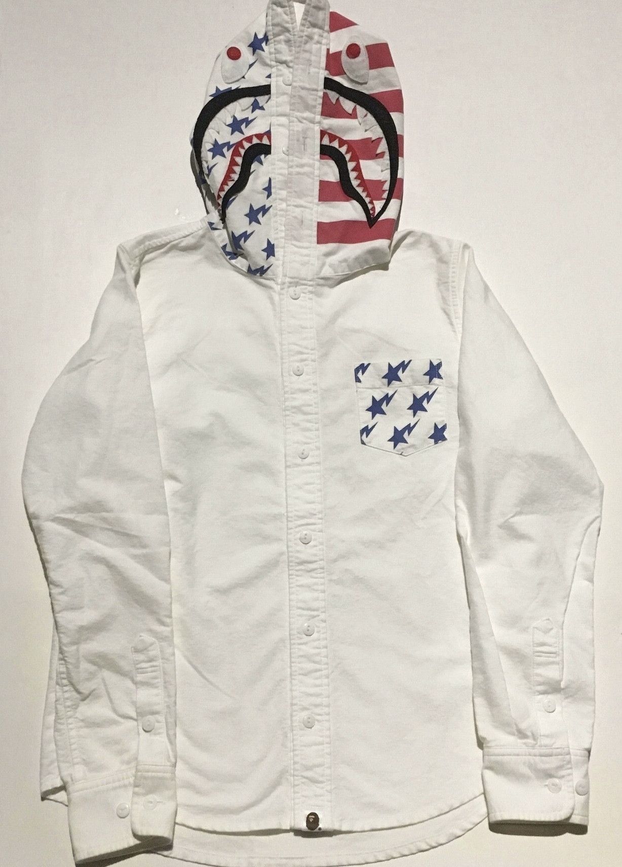 image of Bape Shark Hoodie Button Up Shirt in White, Women's (Size XS)