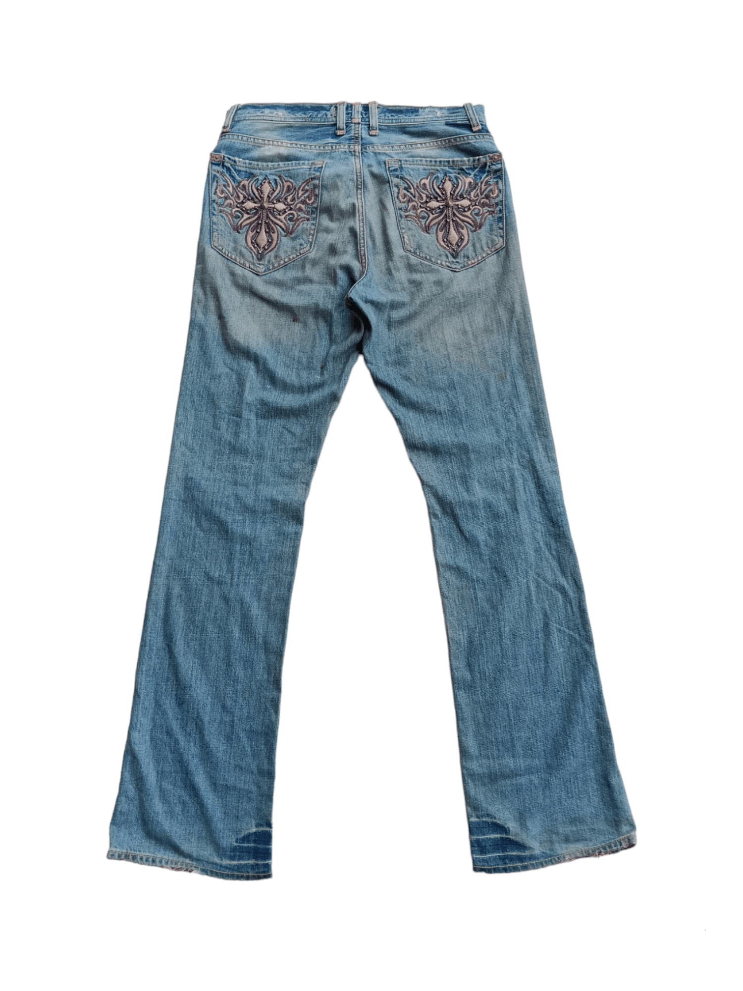 image of Jnco Bootcut Jeans J&co Crosspatch Embroidery Denim in Washed Blue, Men's (Size 33)