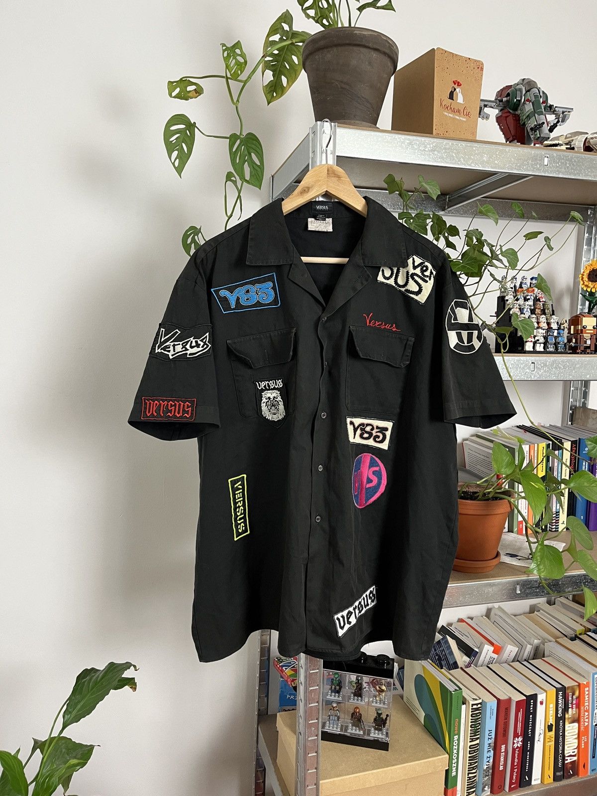 image of Versus Versace Luxury Short Sleeve Shirt Bowling Patch in Black, Men's (Size Large)
