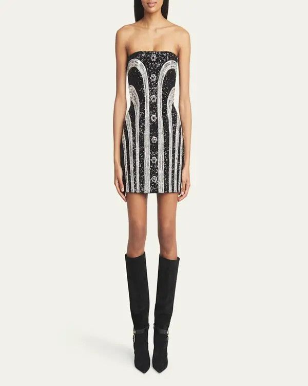 Balmain o1s1wg110725 Sequin Bustier Stripe Mini Dress in Black Size L / US 10 / IT 46 - 3 Thumbnail