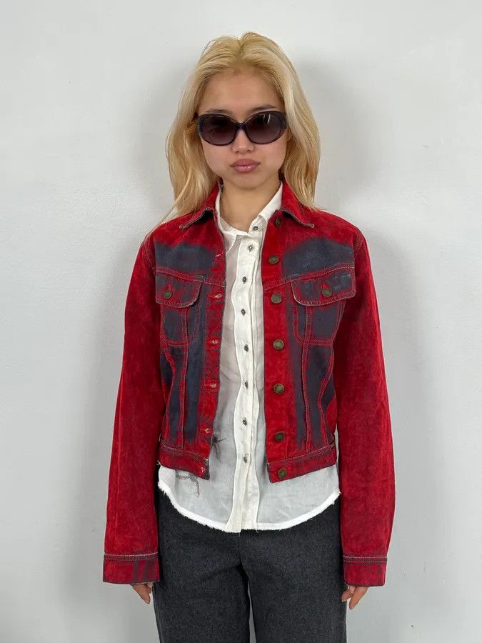 Vintage Plein Sud Red & Blue Gradient Velvet Denim Trucker Jacket Size XS / US 0-2 / IT 36-38 - 2 Thumbnail