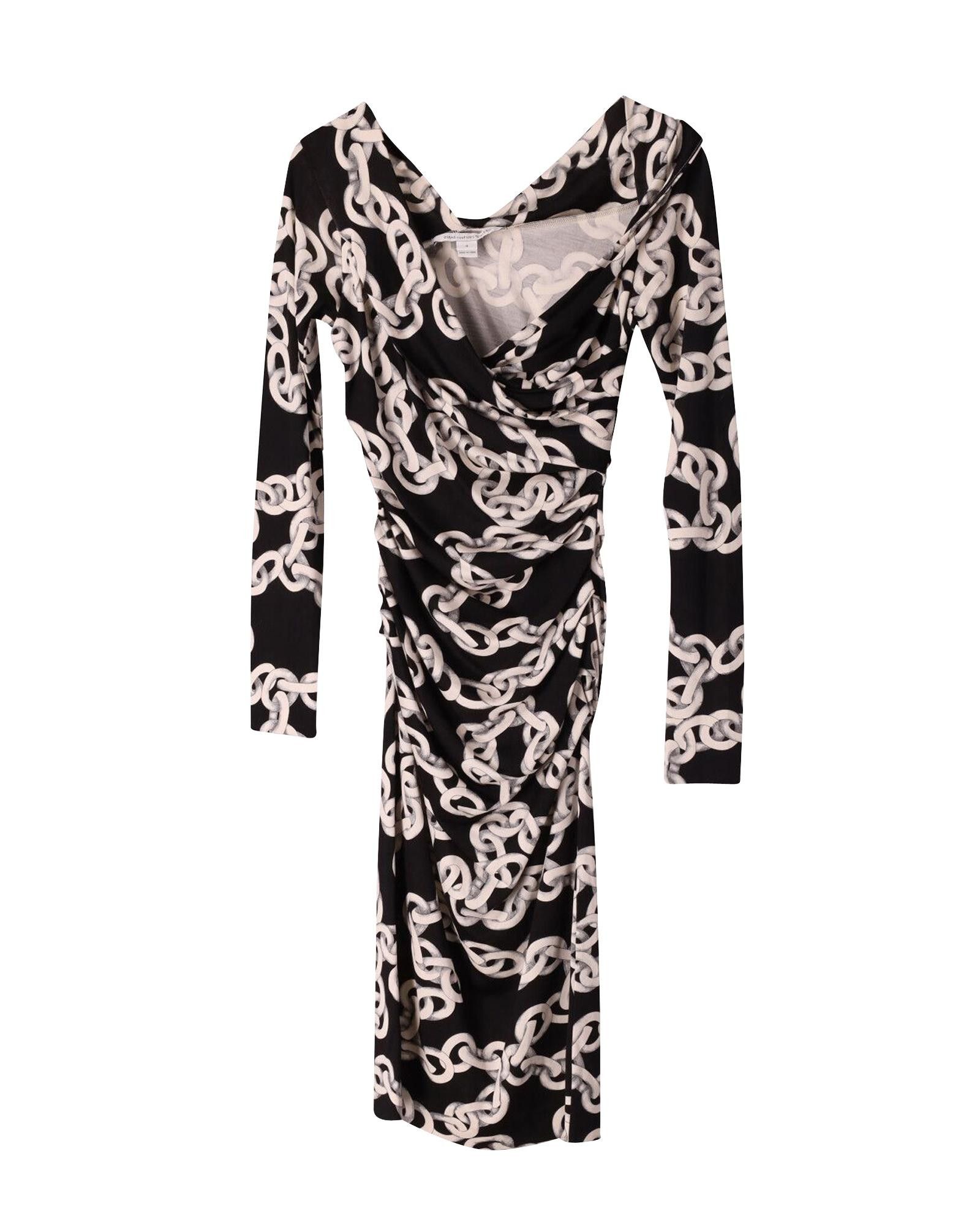 image of Chain Printed Wrap Dress In Black Silk By Diane Von Furstenberg in Black Print, Women's (Size XS)