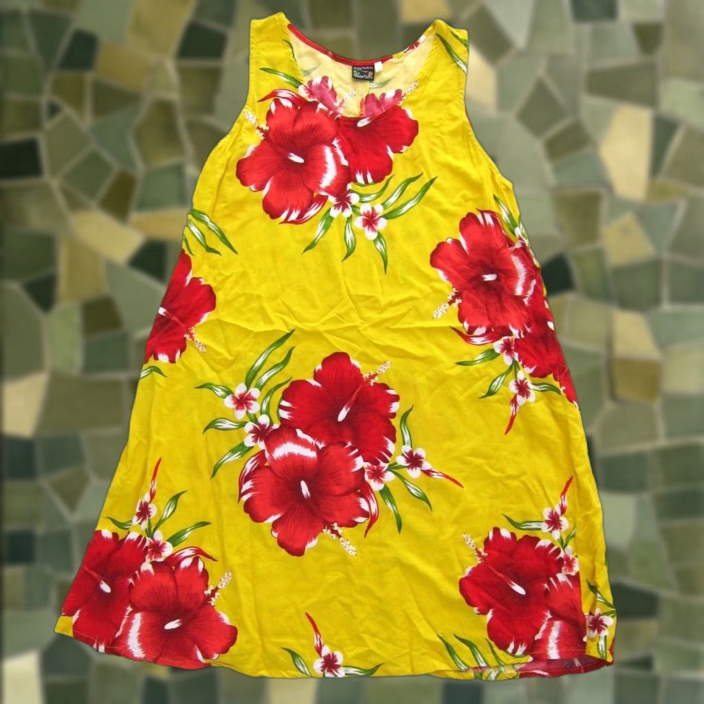 ALOHAS VTG Aloha Fashion Hawaiian Floral Sleeveless Tank Dress Large Yellow Red Green Size L / US 10 / IT 46 - 1 Thumbnail