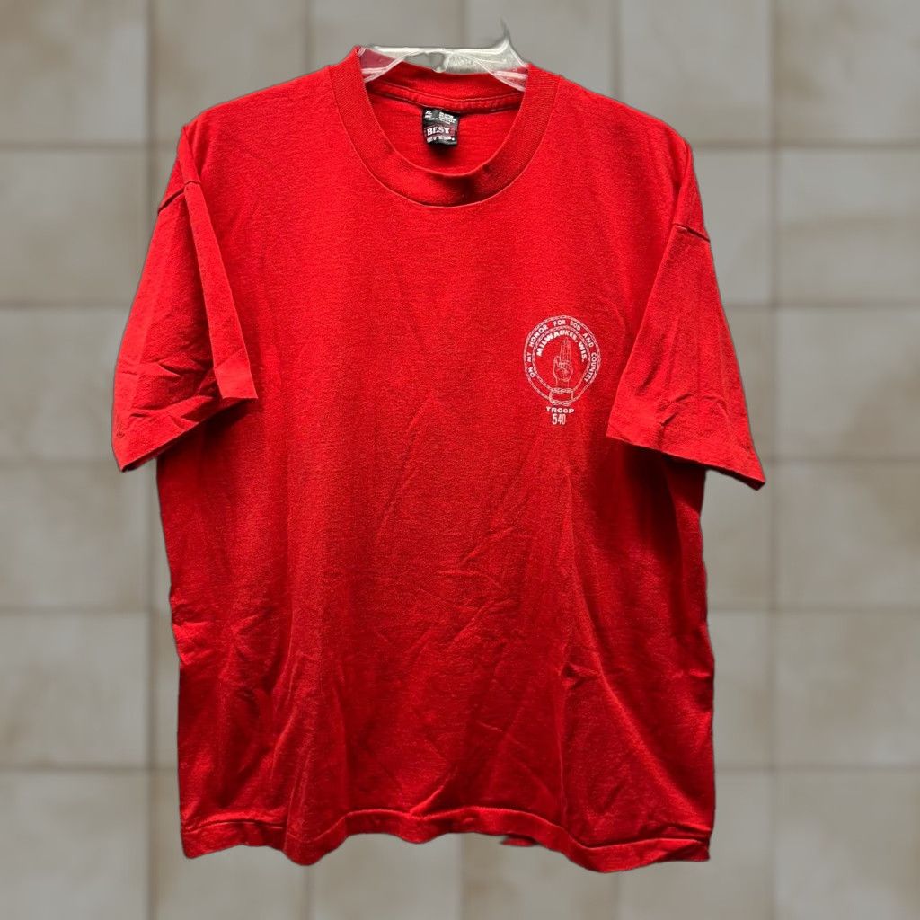 Fruit Of The Loom VINTAGE Fruit of the Loom Boy Scouts Shirt Mens XL Red 80s Classic School T-Shirt Short Sleeve Crew Neck Cotton Jersey Made in USA Size US XL / EU 56 / 4 - 1 Thumbnail