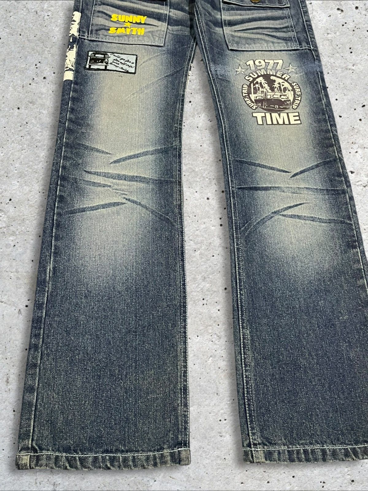 Japanese Brand Vintage Sunny Smith Patches Whiskers Blue Wash Bush Pants Size US 32 / EU 48 - 4 Thumbnail