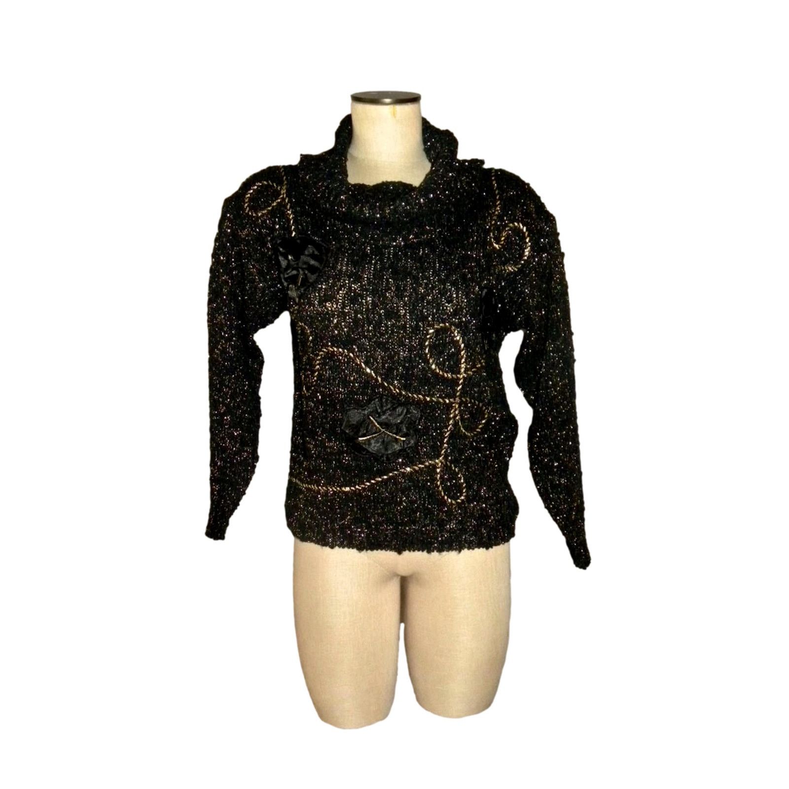 Vintage 80s Black & Gold Lurex Metallic COWL Neck Sweater Size XS / US 0-2 / IT 36-38 - 9 Thumbnail