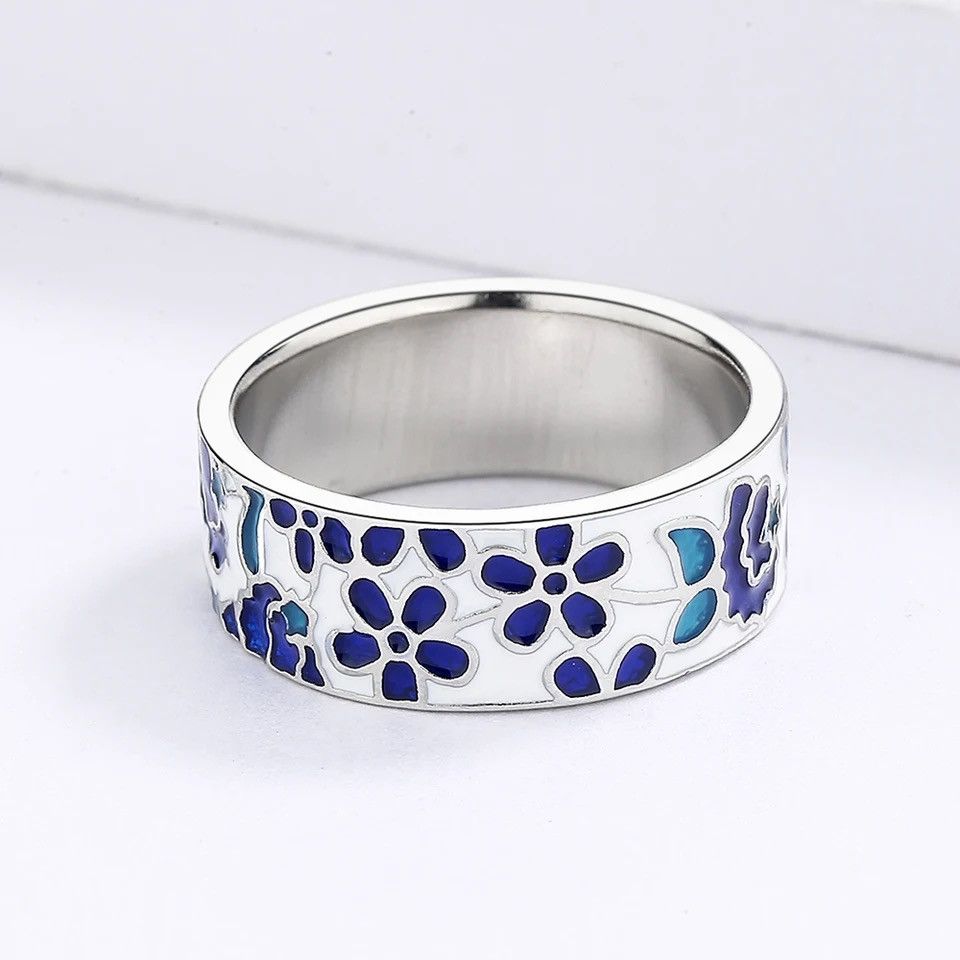 Jewelry Ring Blue Enamel Flower Size ONE SIZE - 6 Thumbnail