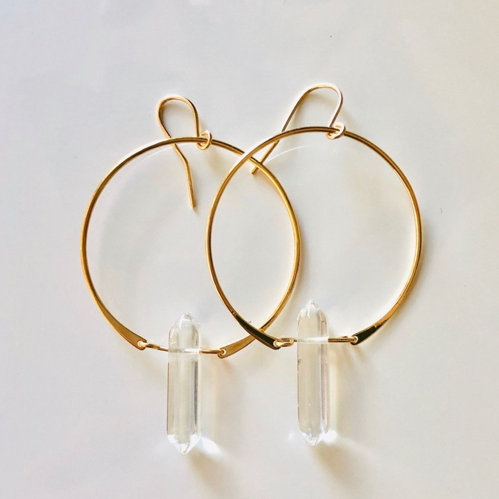 Anthropologie Clear Quartz Gold Gemstone Crystal Hoop Earrings Jewelry, Women's