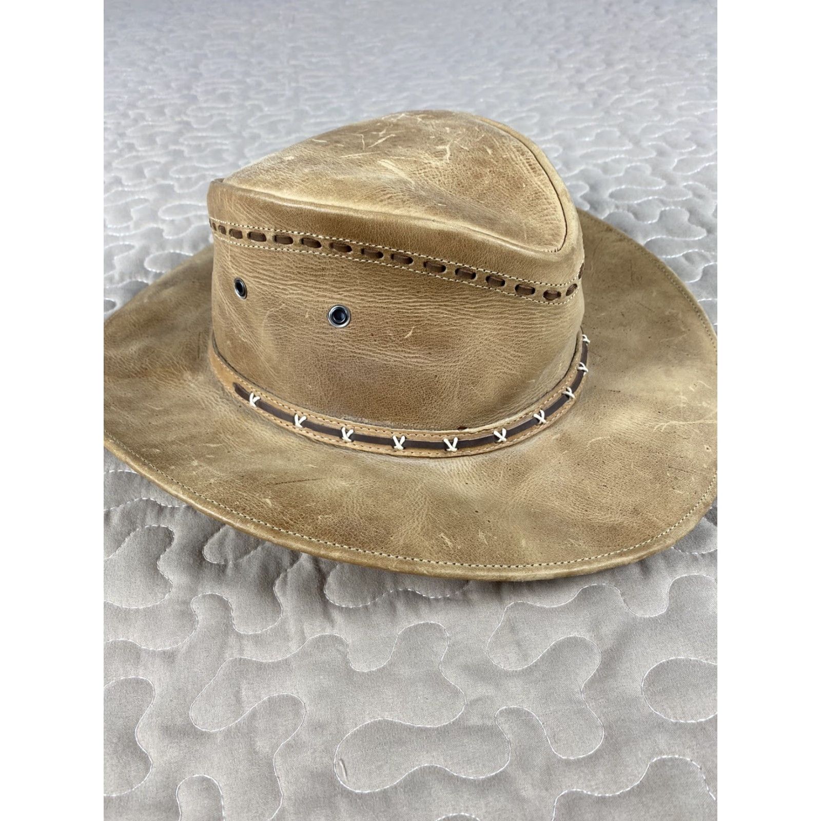 CO VINTAGE Black Bart Villano Hat Co Leather Western Cowboy Hat Outdoorsman Sz M Brown Leather Western Cowboy Hat Mens M Size ONE SIZE - 4 Thumbnail