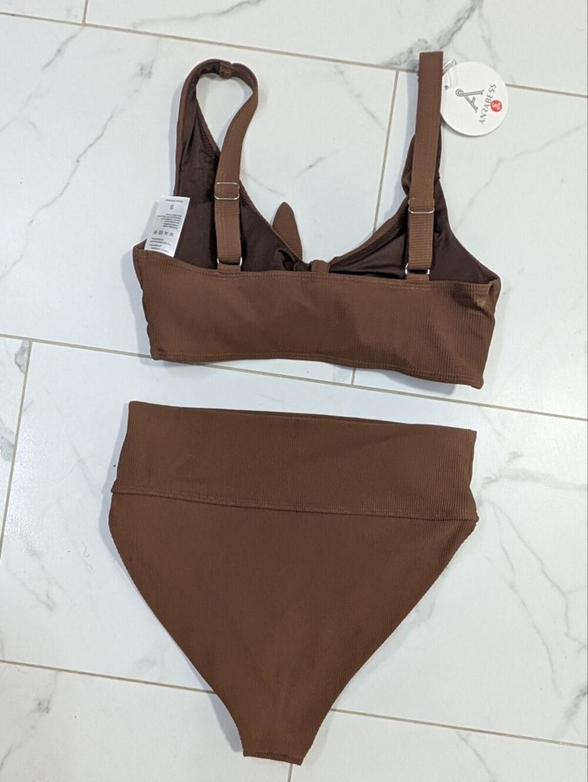 Other Knot-Front Ribbed High-Waist Bikini Set - Brown Size ONE SIZE - 6 Thumbnail