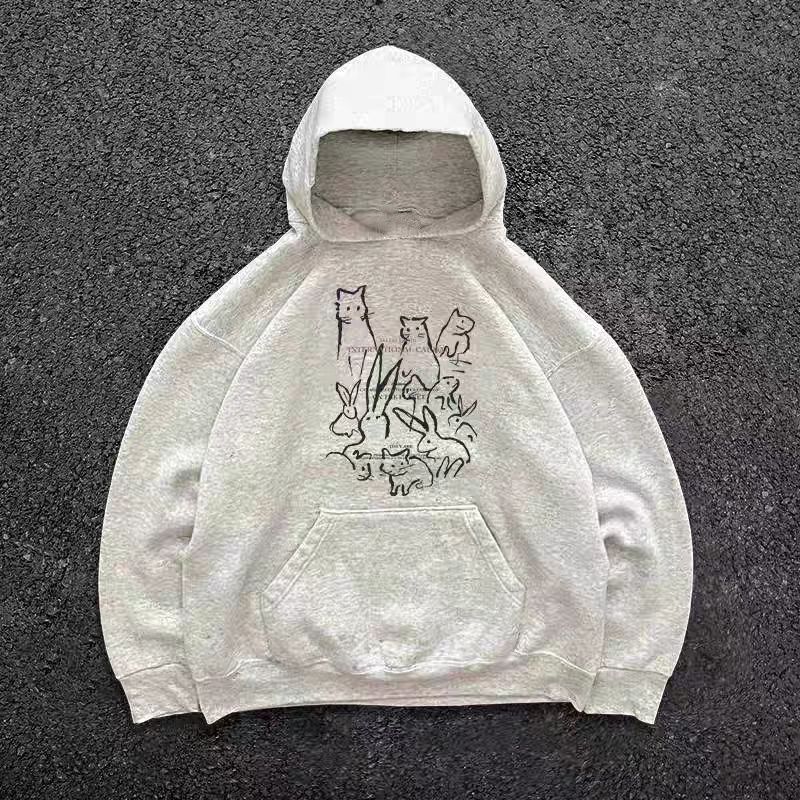 Vintage Grey washed retro cute cat print hoodie Size US M / EU 48-50 / 2 - 1 Thumbnail