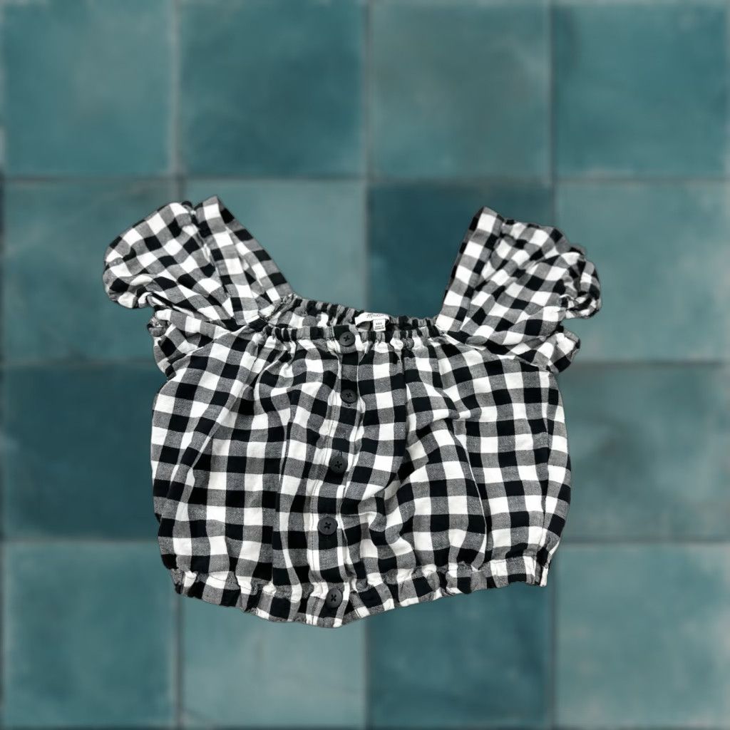 Madewell Madewell Blouse Womens 2XS Black White Gingham Buffalo Plaid Crop Puff Sleeve Square Neck Bohemian Cottagecore Knit Polyester Shirt Womens Size XXS / US 00 / IT 34 - 1 Thumbnail
