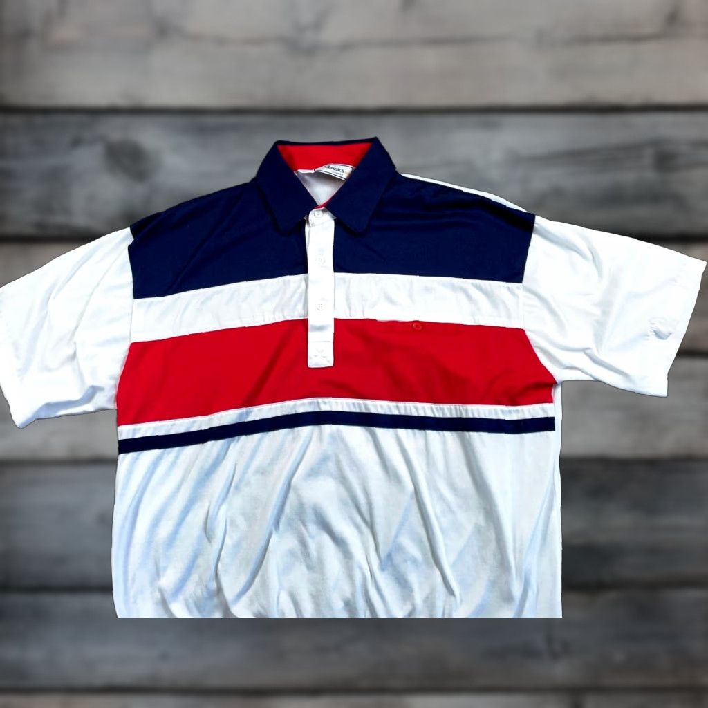 Vintage VTG 80s Striped Pattern Polo Shirt Adult Medium White Red Blue Banded Hem Size US M / EU 48-50 / 2 - 1 Thumbnail