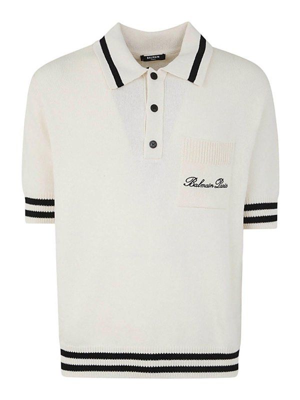Balmain o1s1wg110925 Embroidered Cotton Polo Shirt in Cream White Size US M / EU 48-50 / 2 - 1 Thumbnail