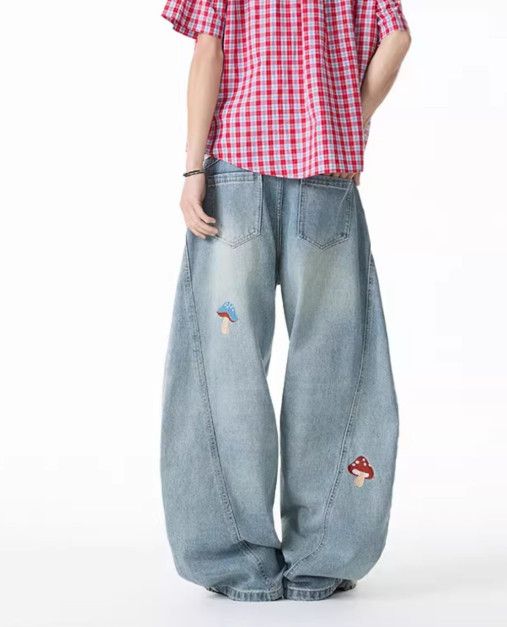 Japanese Brand Men's hip-hop wide-leg cartoon embroidered washed jeans Size US 32 / EU 48 - 5 Thumbnail
