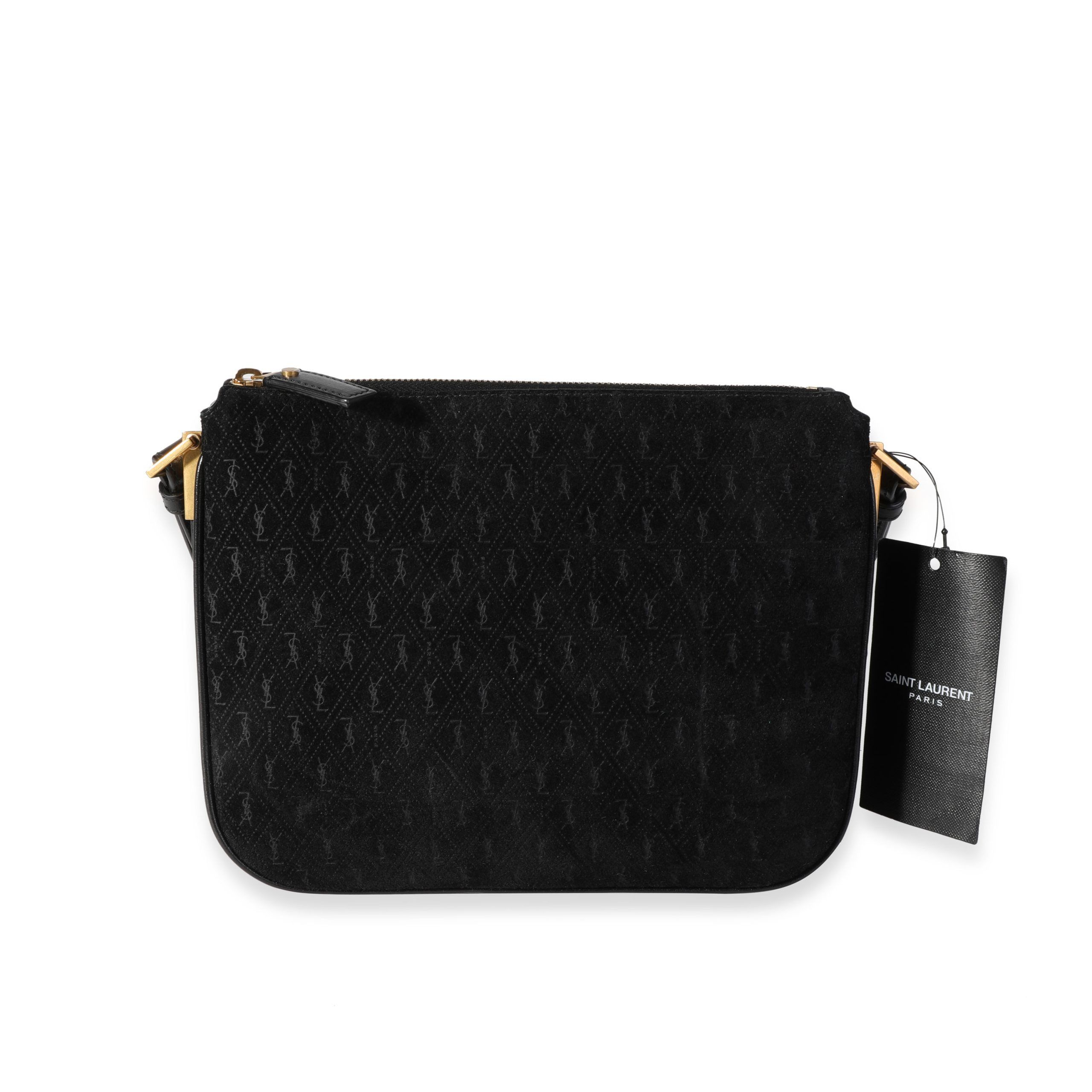 image of YVES Saint Laurent Black Suede All Over Monogram Crossbody Bag, Women's