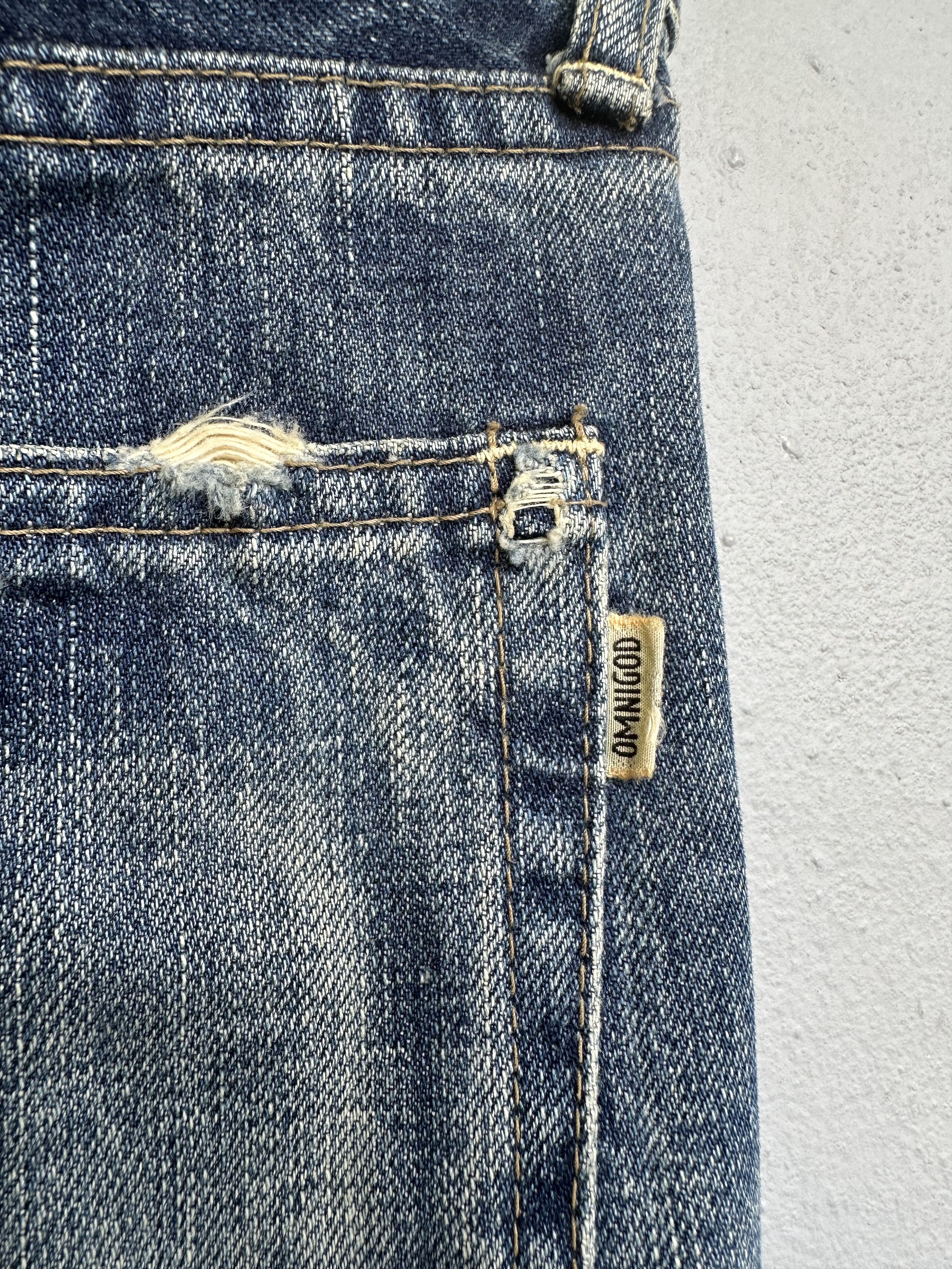 OMNIGOD Vtg Distressed Rips Boro Patchwork Omnigod Flare Denim Jeans Size US 29 - 23 Thumbnail