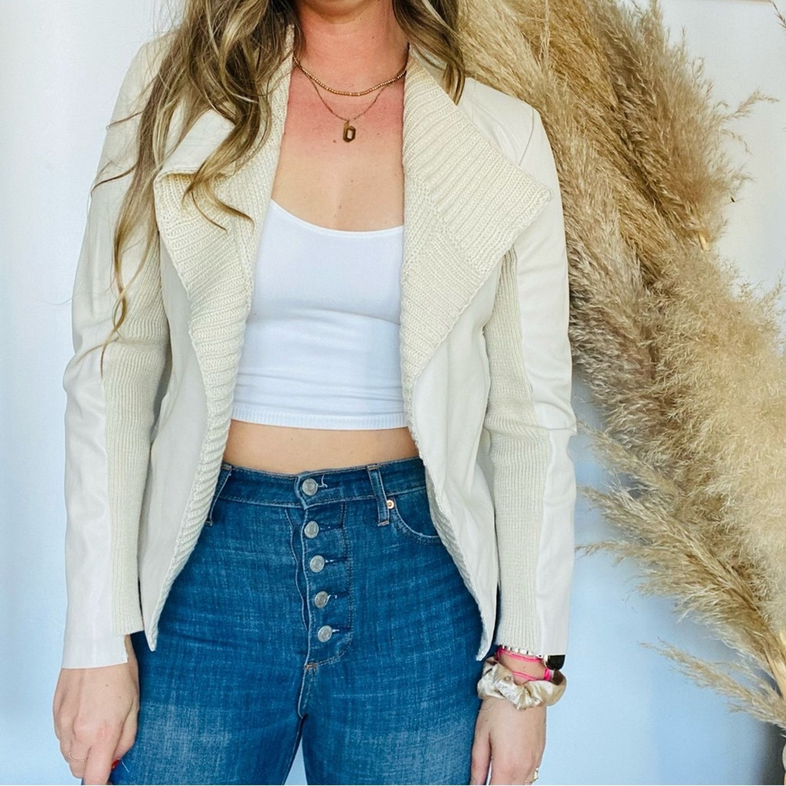 Vintage VINTAGE Cream White Faux Leather Sweater Knit Open Jacket Size S / US 4 / IT 40 - 4 Thumbnail