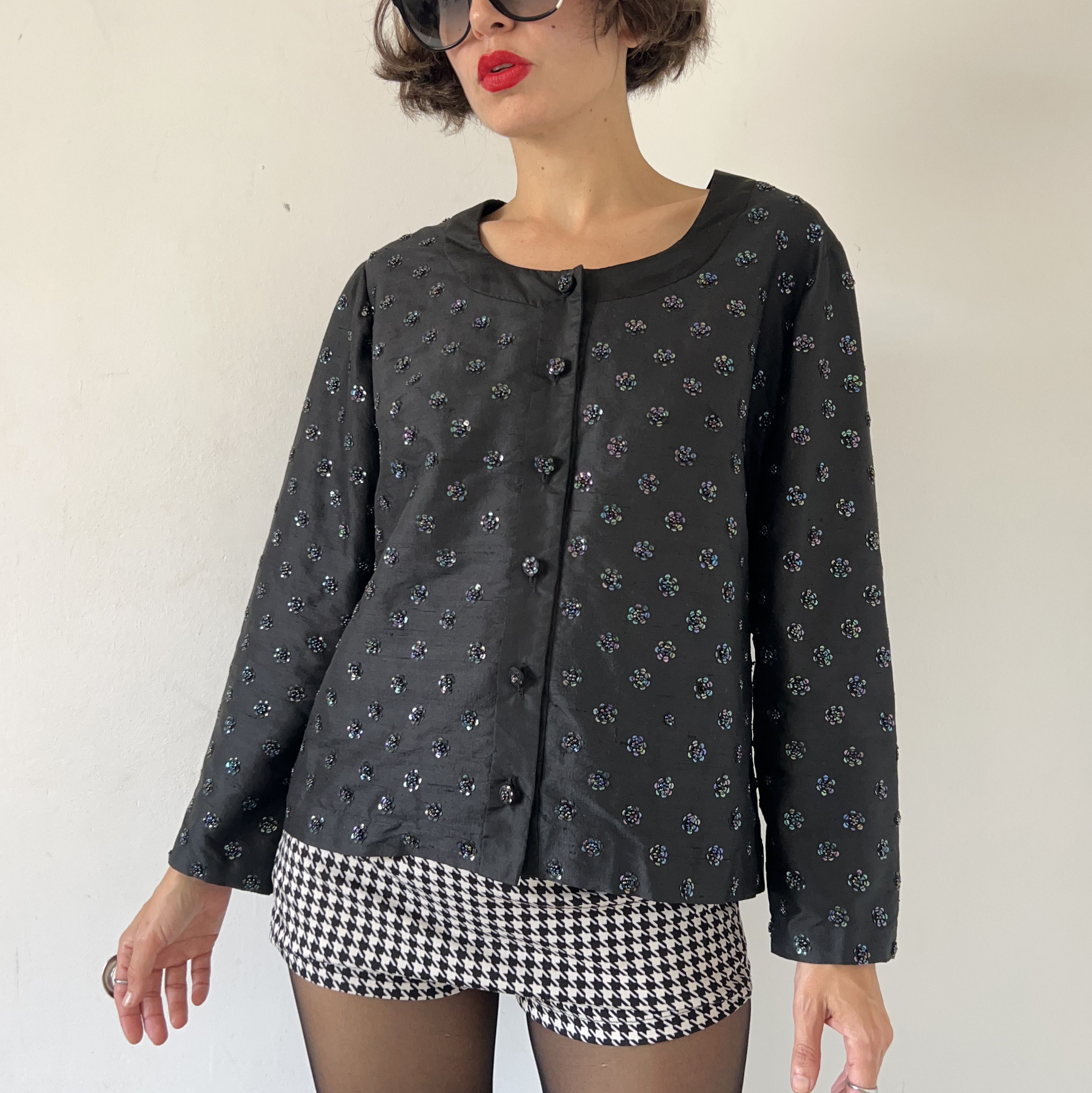 Vintage Vintage 80s party embellished floral silk black blazer Size L / US 10 / IT 46 - 3 Thumbnail
