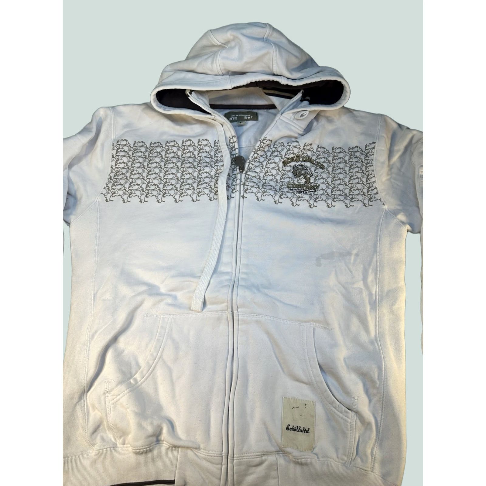 Vintage Y2K Ecko Unltd Hoodie Art of Progress 1972 Rhino L Ivory Mens Zip Pullover Vintage Size US L / EU 52-54 / 3 - 1 Thumbnail