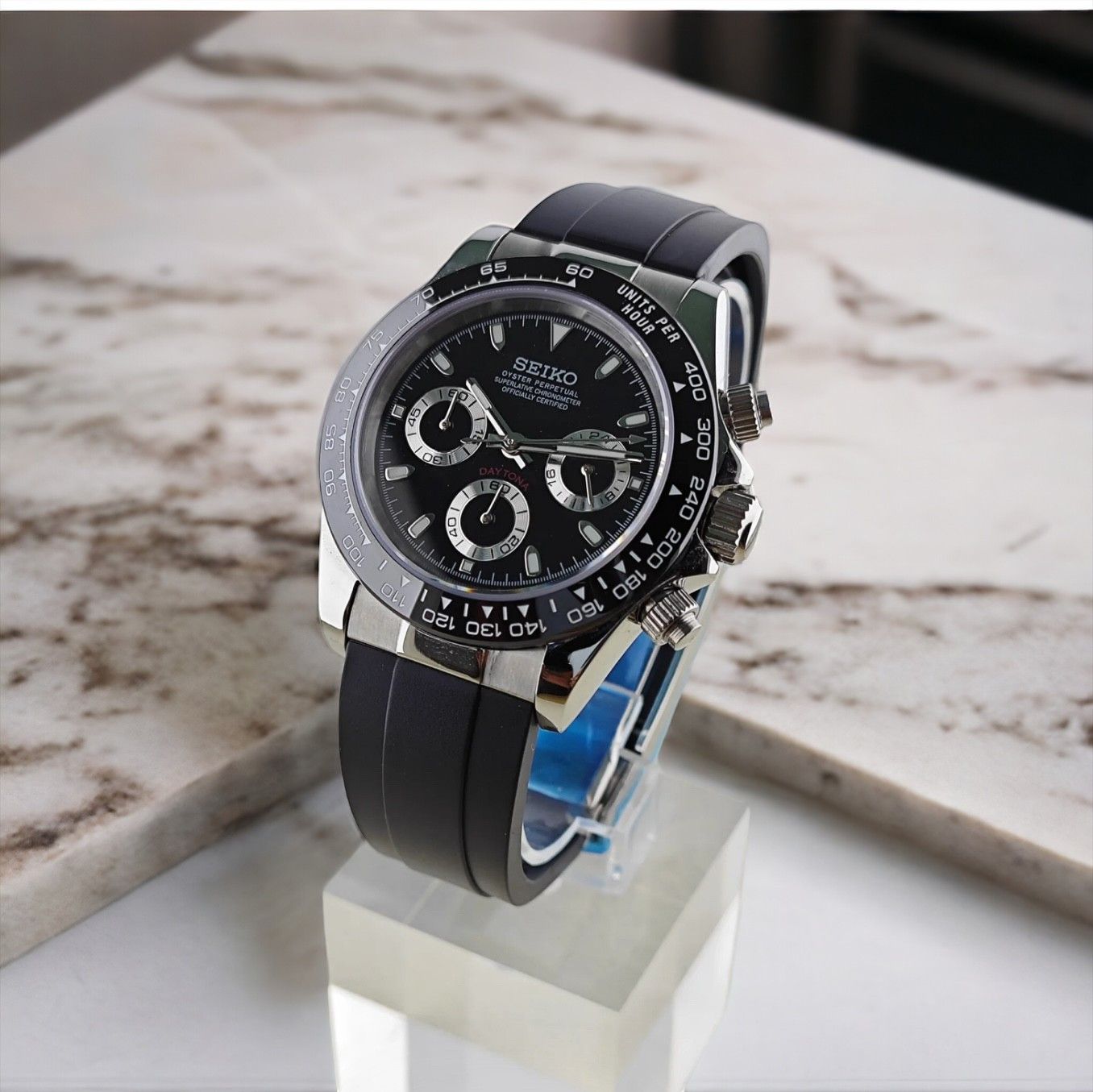 Seiko Daytona Black Face Ceramic Chronograph Steel Rubber, Men's