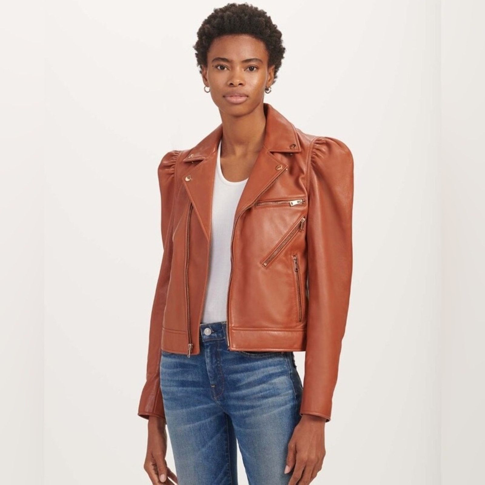 7 For All Mankind 7 For All Mankind Leather Puff Sleeve Moto Jacket in Spice Size S / US 4 / IT 40 - 1 Thumbnail