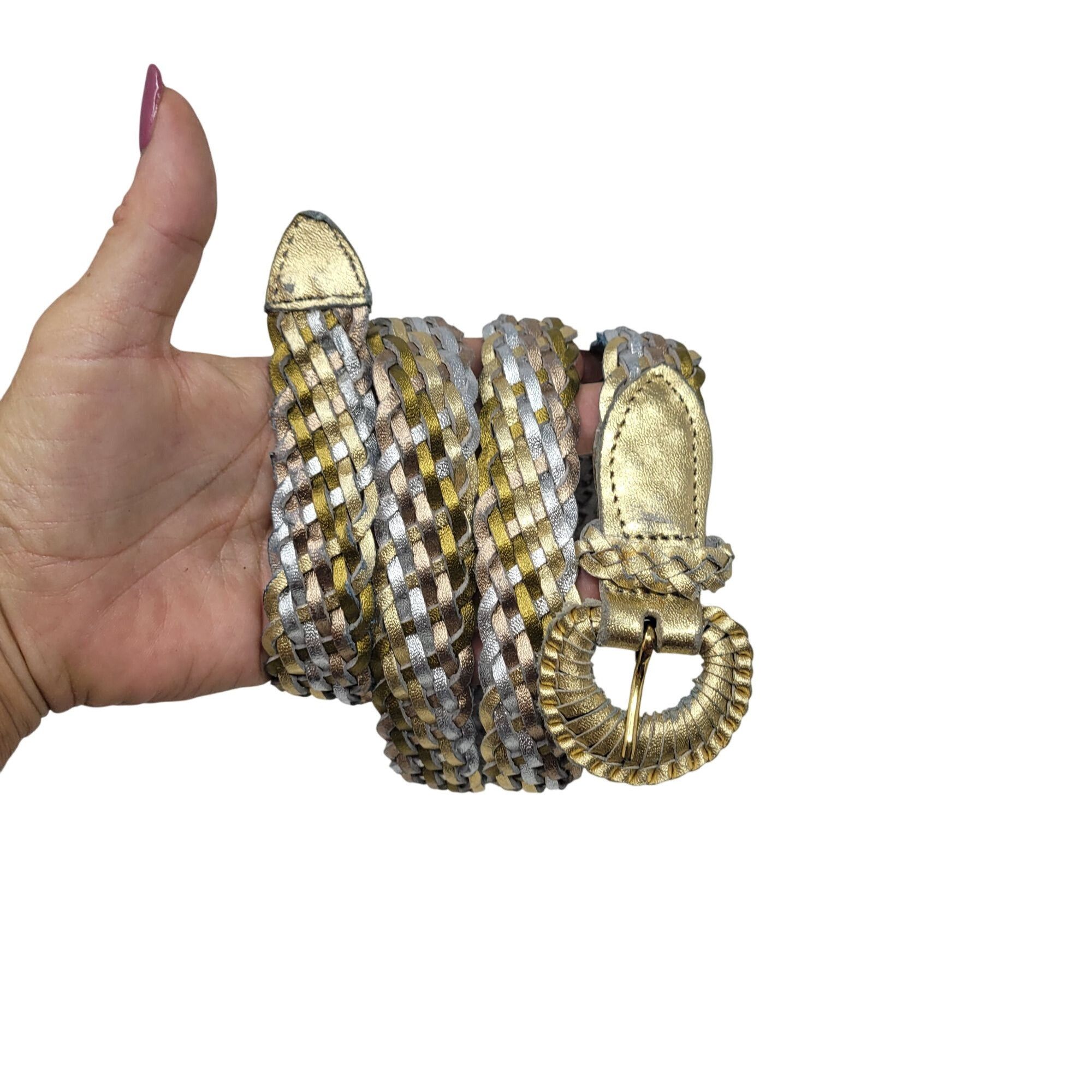 Vintage Vtg Metallic Gold Silver Platinum Braided Leather Belt Sz XL Size ONE SIZE - 10 Thumbnail