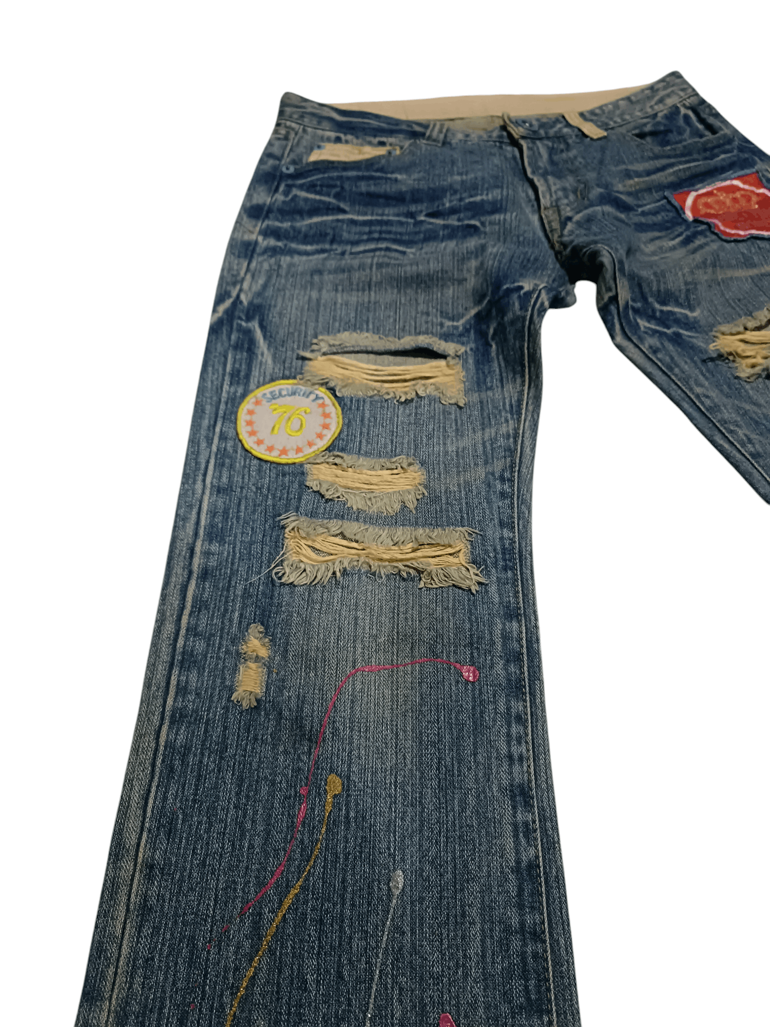 Japanese Brand × Vintage Distressed Denim Jeans Glitter Paint Hate War Size US 31 - 3 Thumbnail